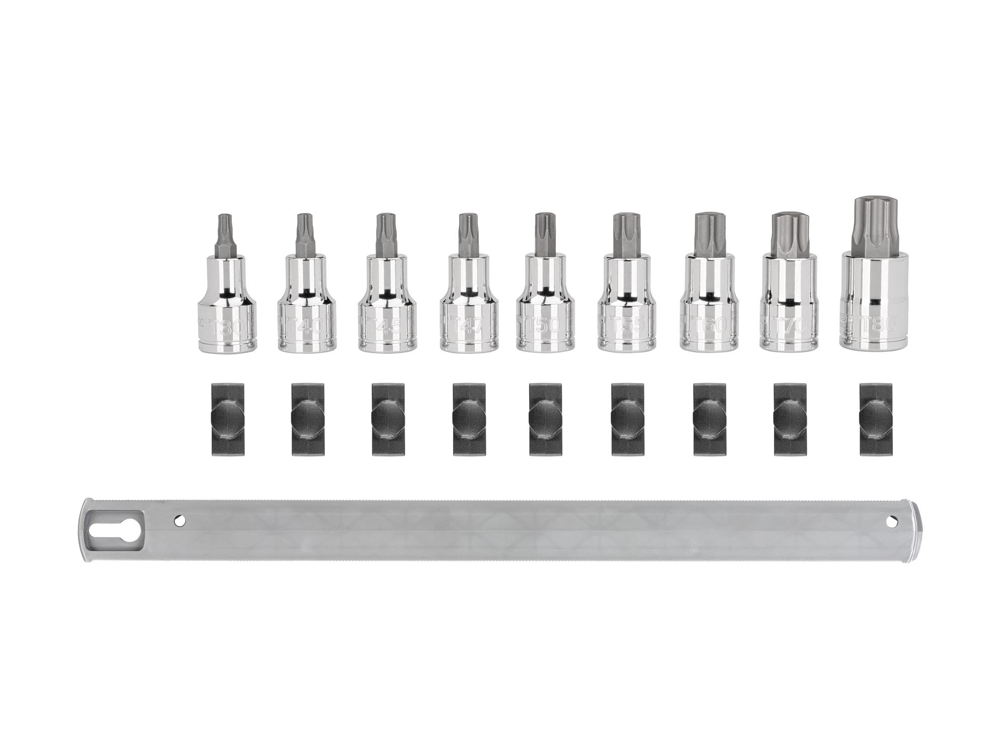 Laid out contents of Tekton rail hand drive bit socket set. Item #SHB92107