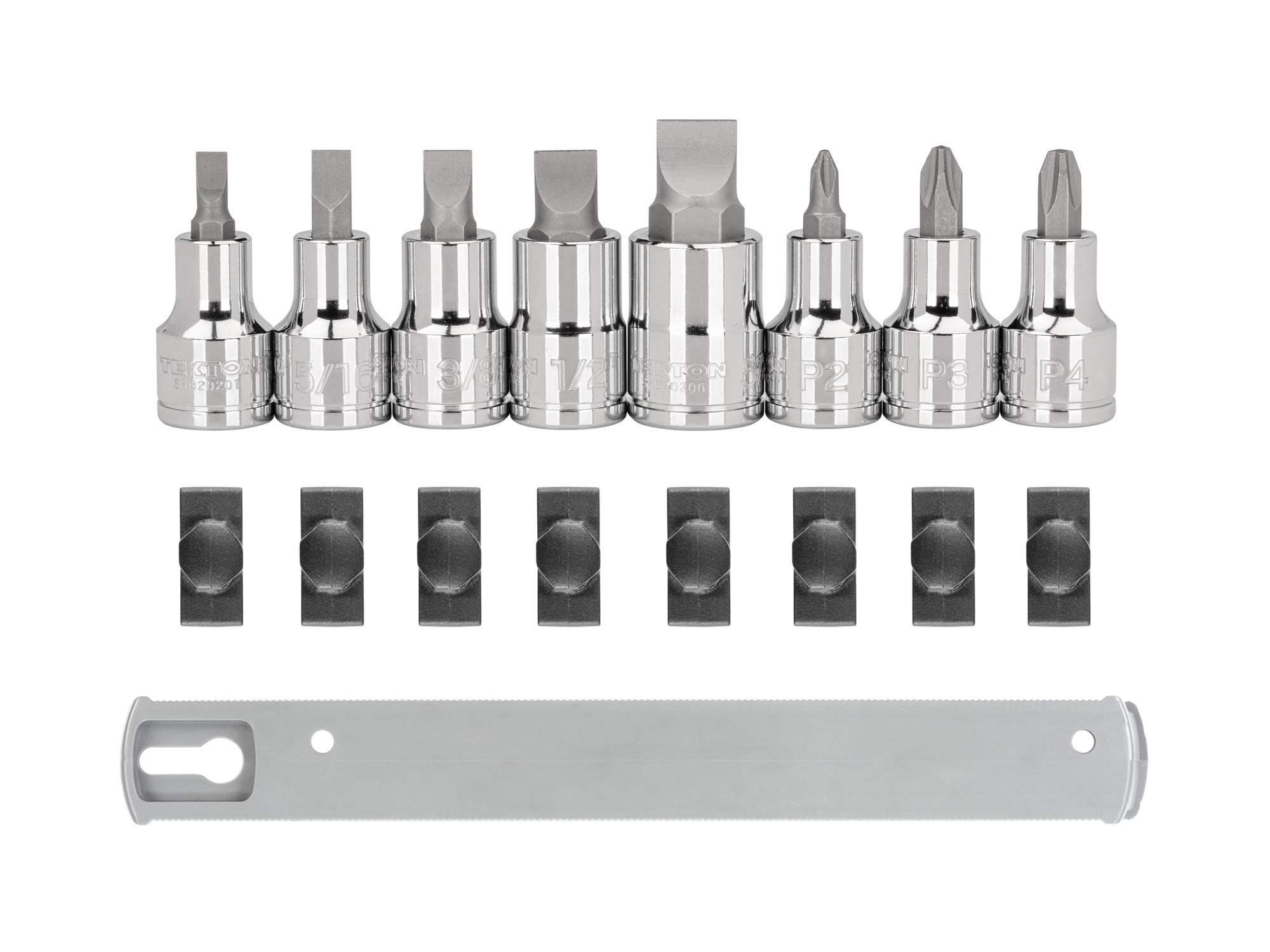 Set includes Phillips #2-#4 and Slotted 1/4-5/8 inch bit sockets in 1/2 inch drive on rail. SHB92108.