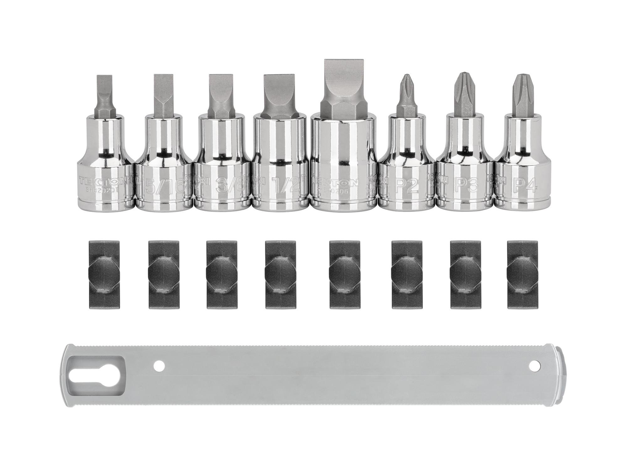 Laid out contents of Tekton rail hand drive bit socket set. Item #SHB92108