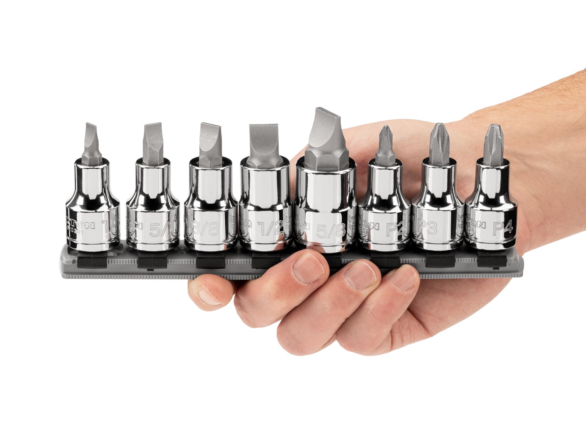 Person holding Tekton rail hand drive bit socket set. Item #SHB92108