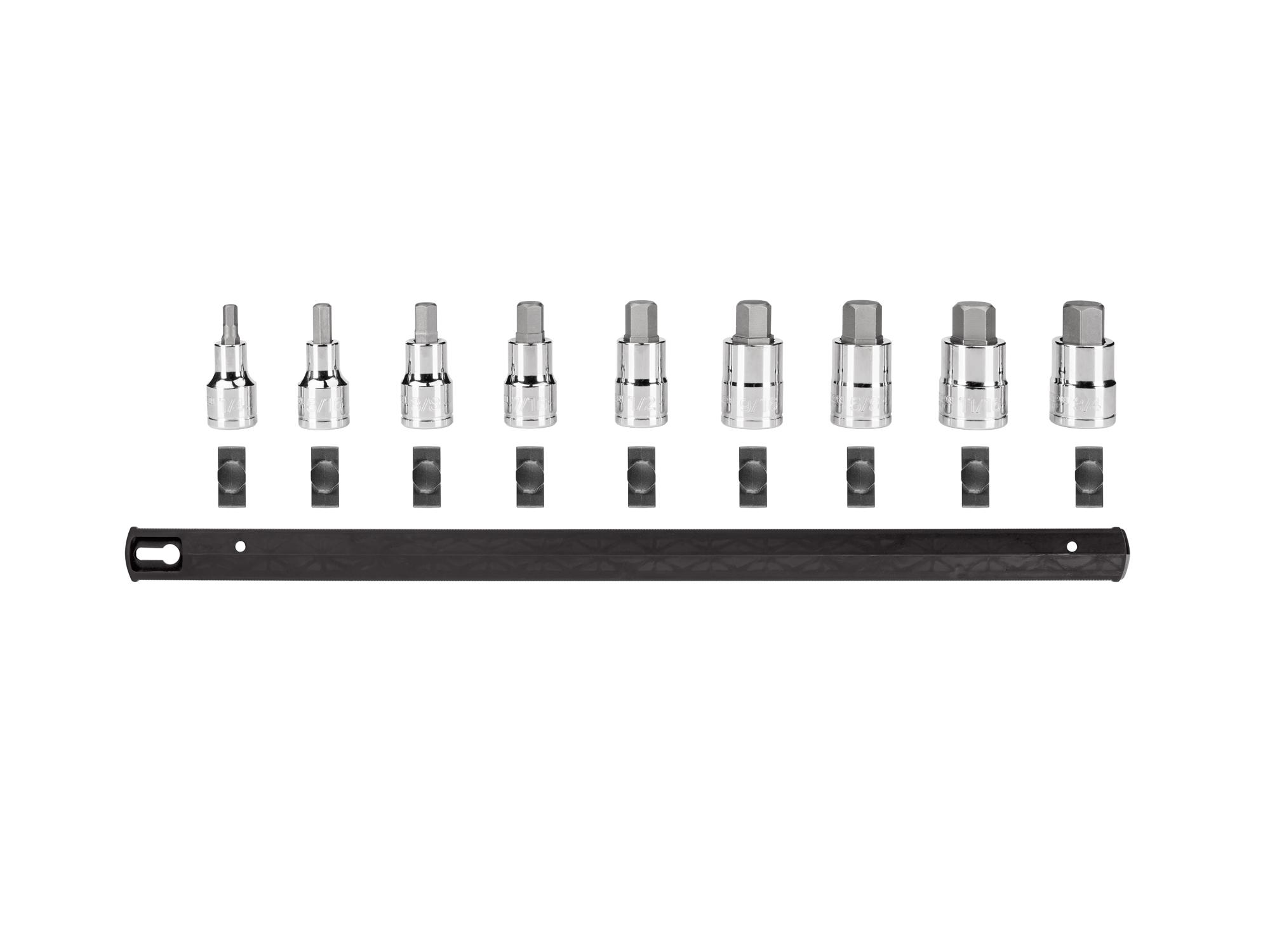 Laid out contents of Tekton rail hand drive bit socket set. Item #SHB92109