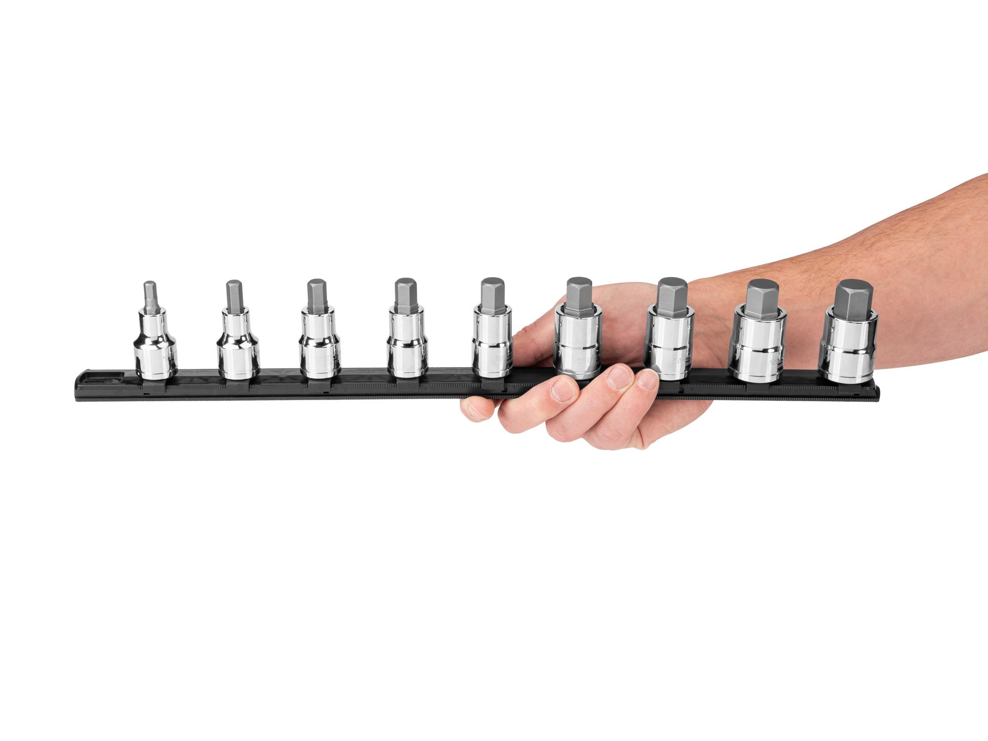 Person holding Tekton rail hand drive bit socket set. Item #SHB92109