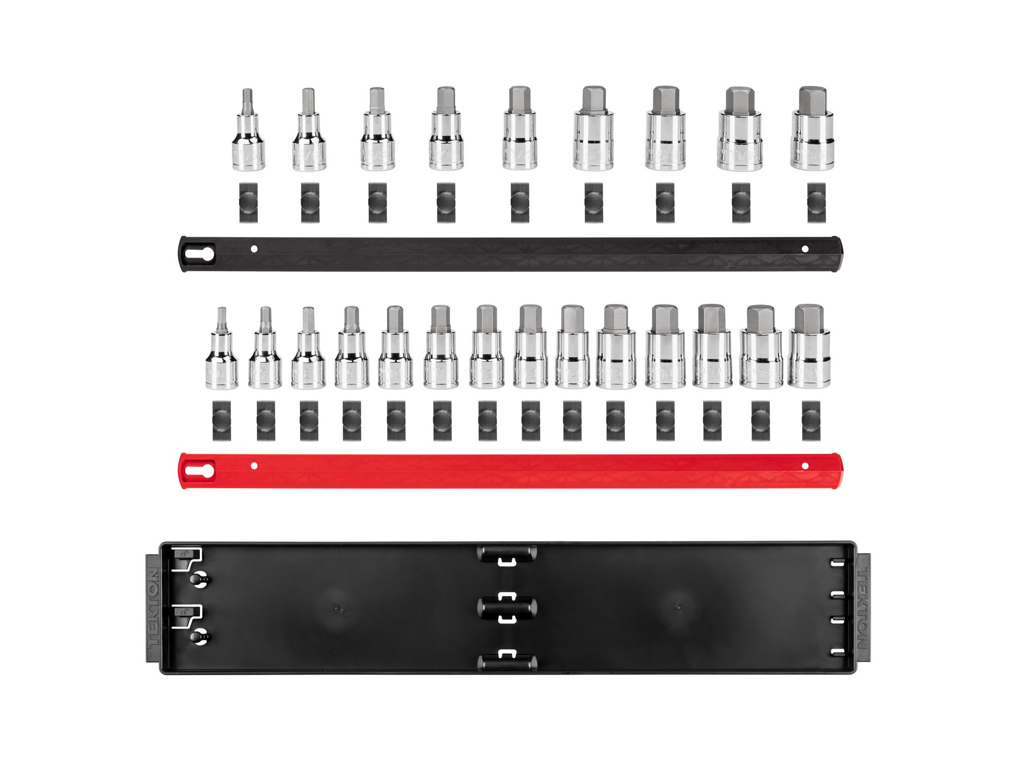 Laid out contents of Tekton rail and tray hand drive bit socket set. Item #SHB92202