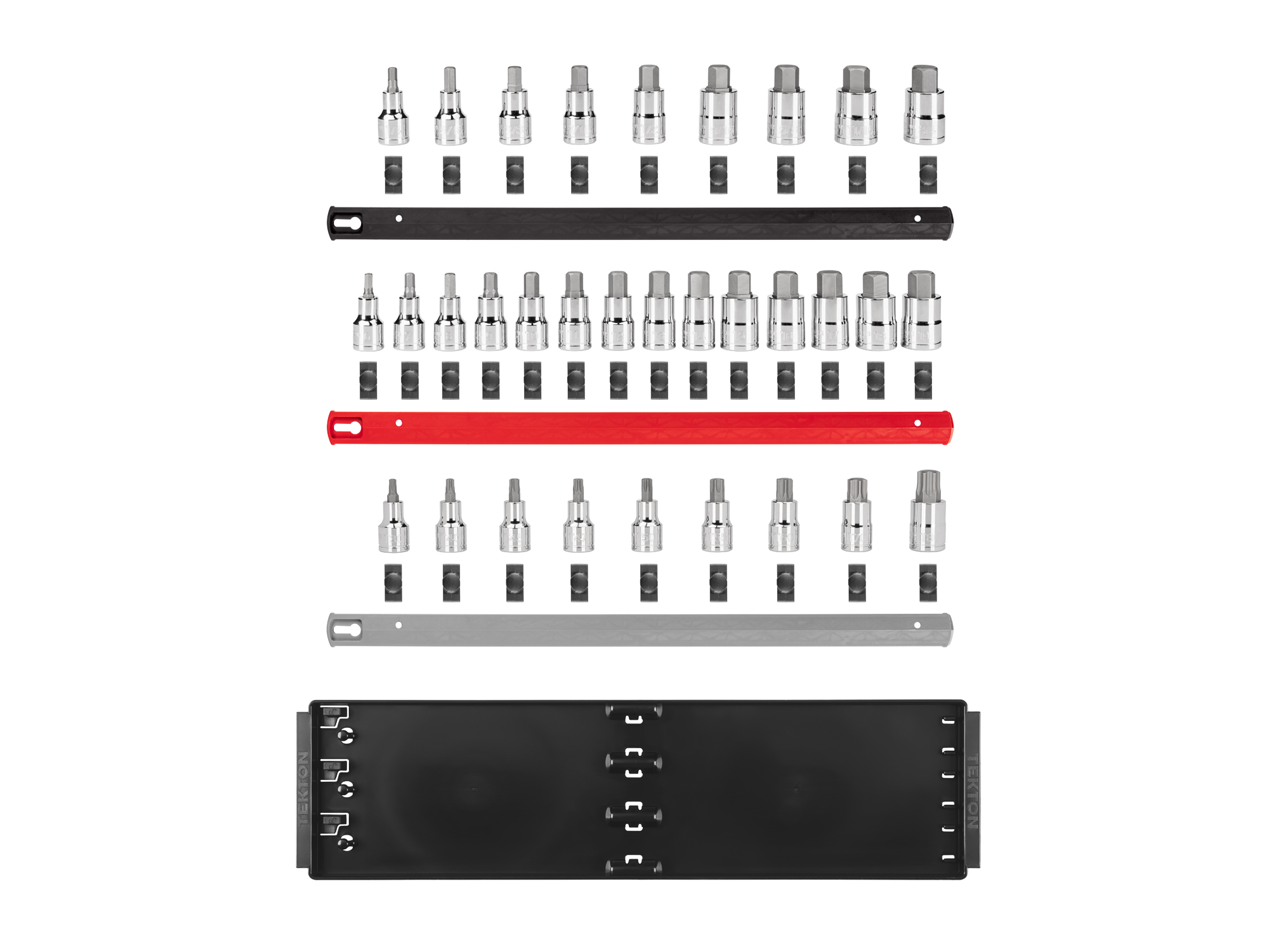 TEKTON 1/2 Inch Drive Hex/Torx Bit Socket Set with Rails and Tray, 32-Piece (1/4-3/4 in., 6-19 mm, T30-T80)