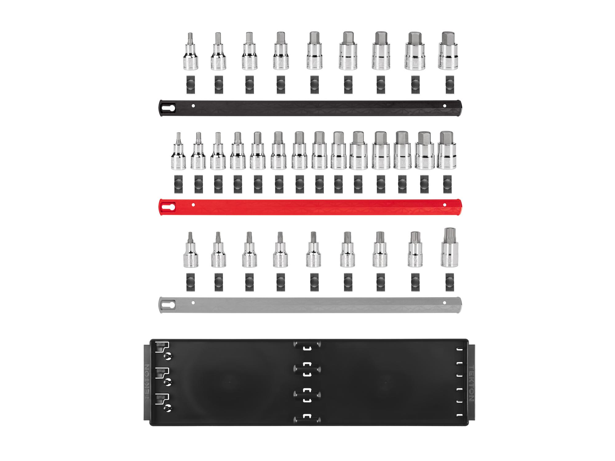Laid out contents of Tekton rail and tray hand drive bit socket set. Item #SHB92203