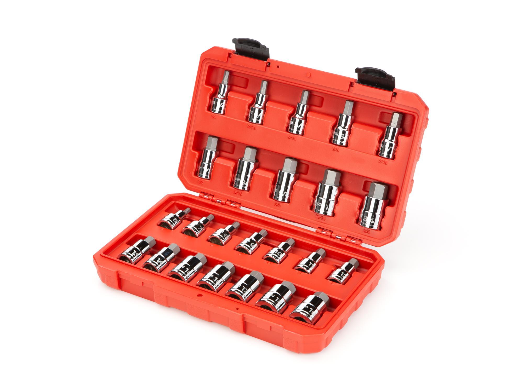 Front-right angle view of Tekton case hand drive bit socket set. Item #SHB92301