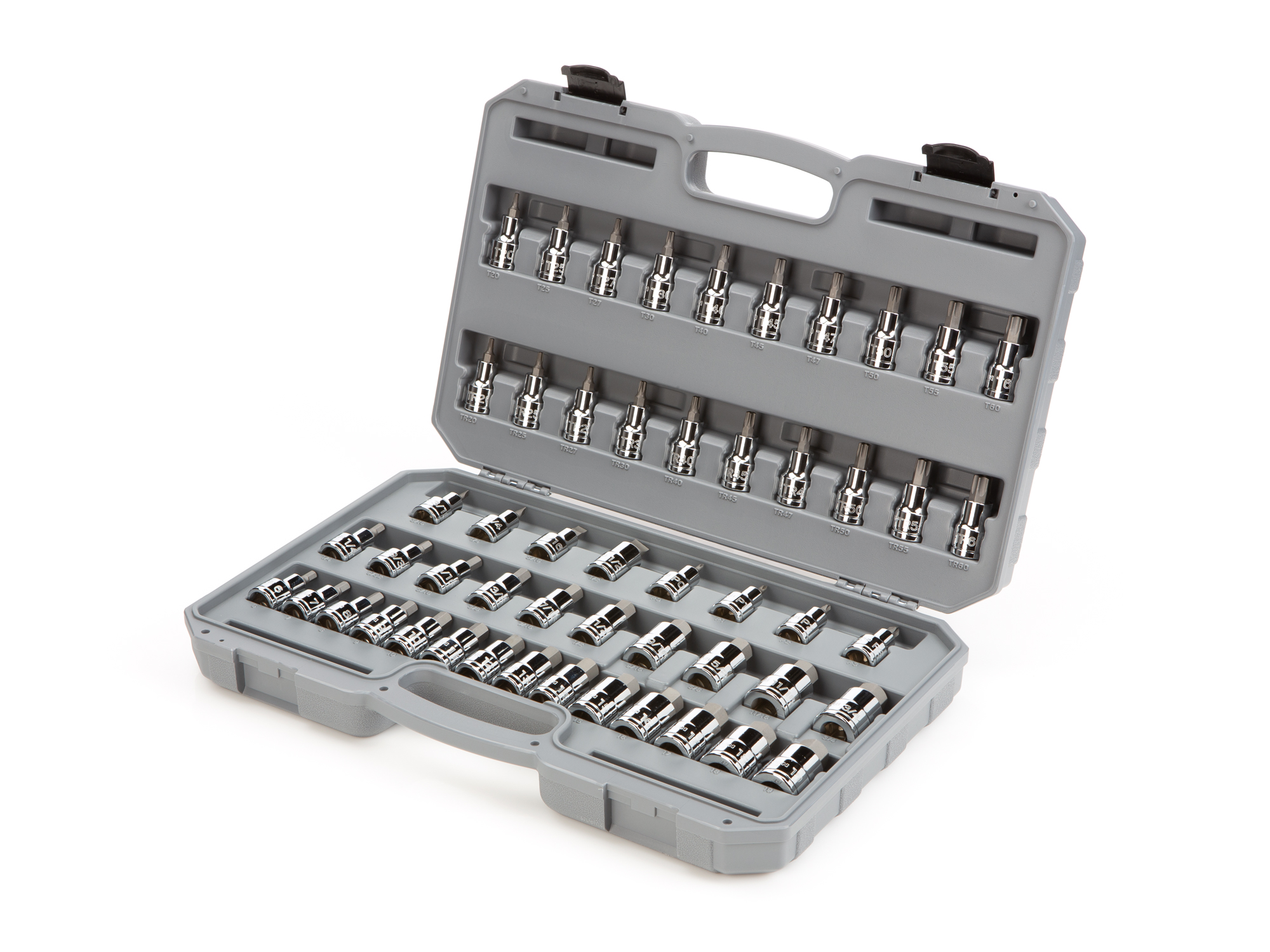 Includes: Hex 1/4-3/4 inch (SAE), 6-19 mm (Metric), Torx (T20-T60), TR Torx (TR20-TR60), Phillips (#0-#3), and Slotted (3/16-1/2 inch) bit sockets in case.