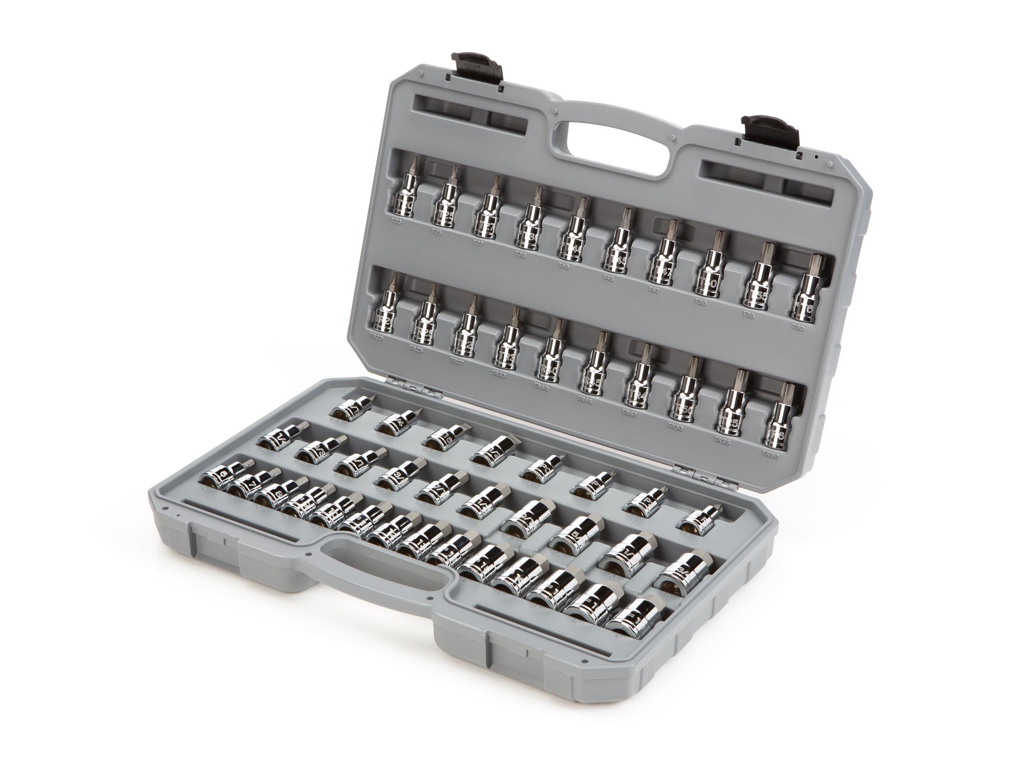 Front-right angle view of Tekton case hand drive bit socket set. Item #SHB92302