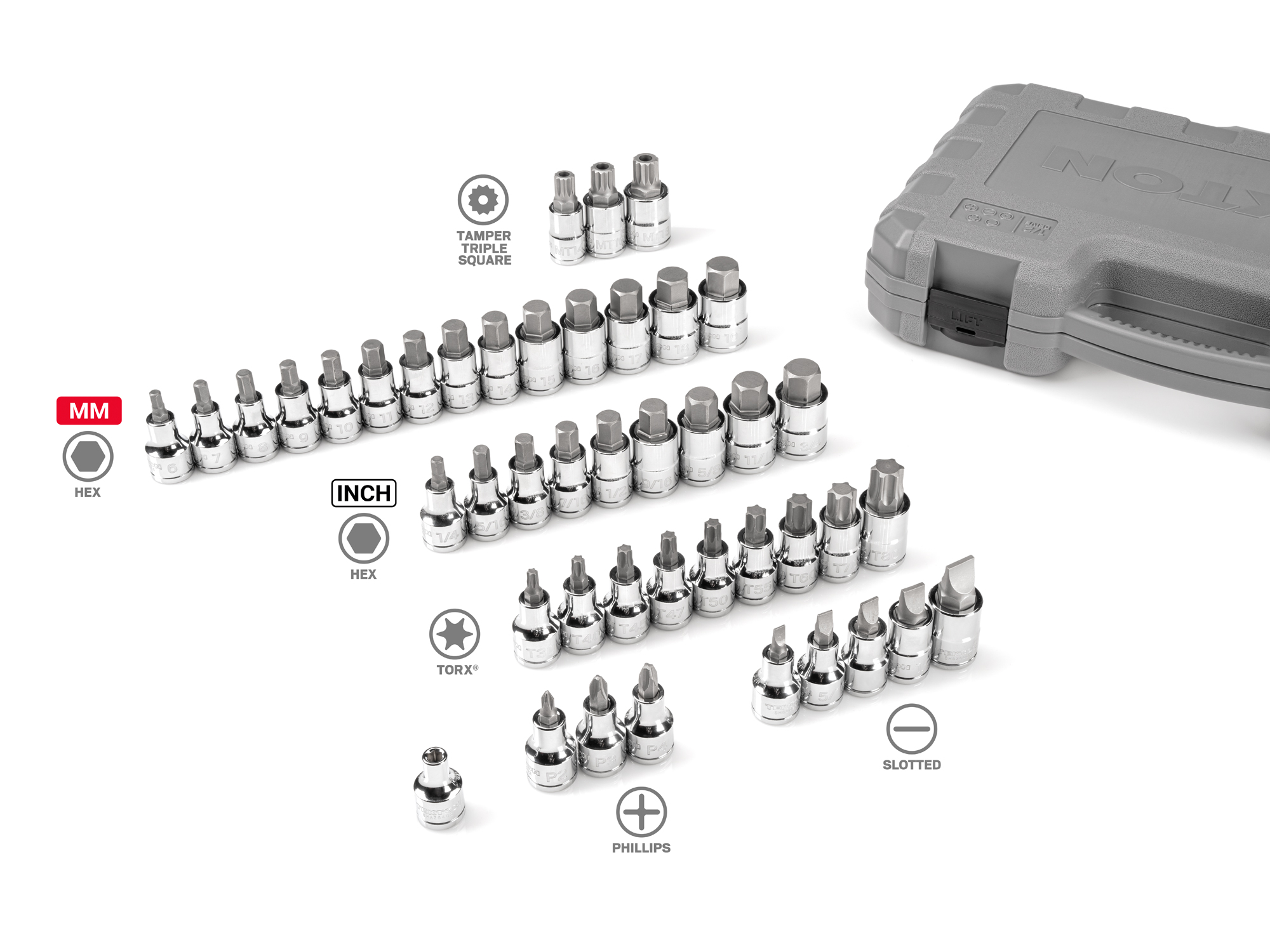 Set includes Hex (inch and metric), Torx, Tamper-Resistant Triple Square, Phillips, and Slotted bit sockets in 1/2 inch drive. SHB92304.