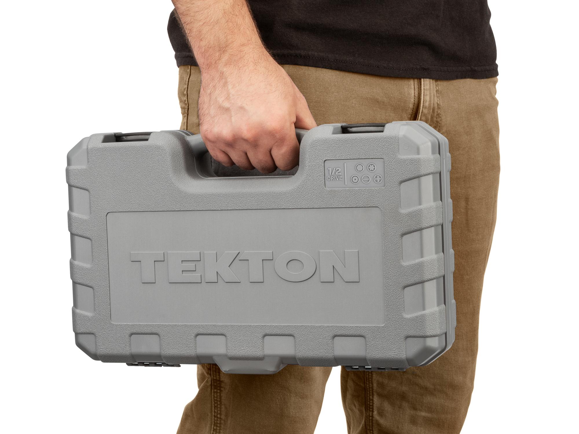 Person holding Tekton case hand drive bit socket set. Item #SHB92304