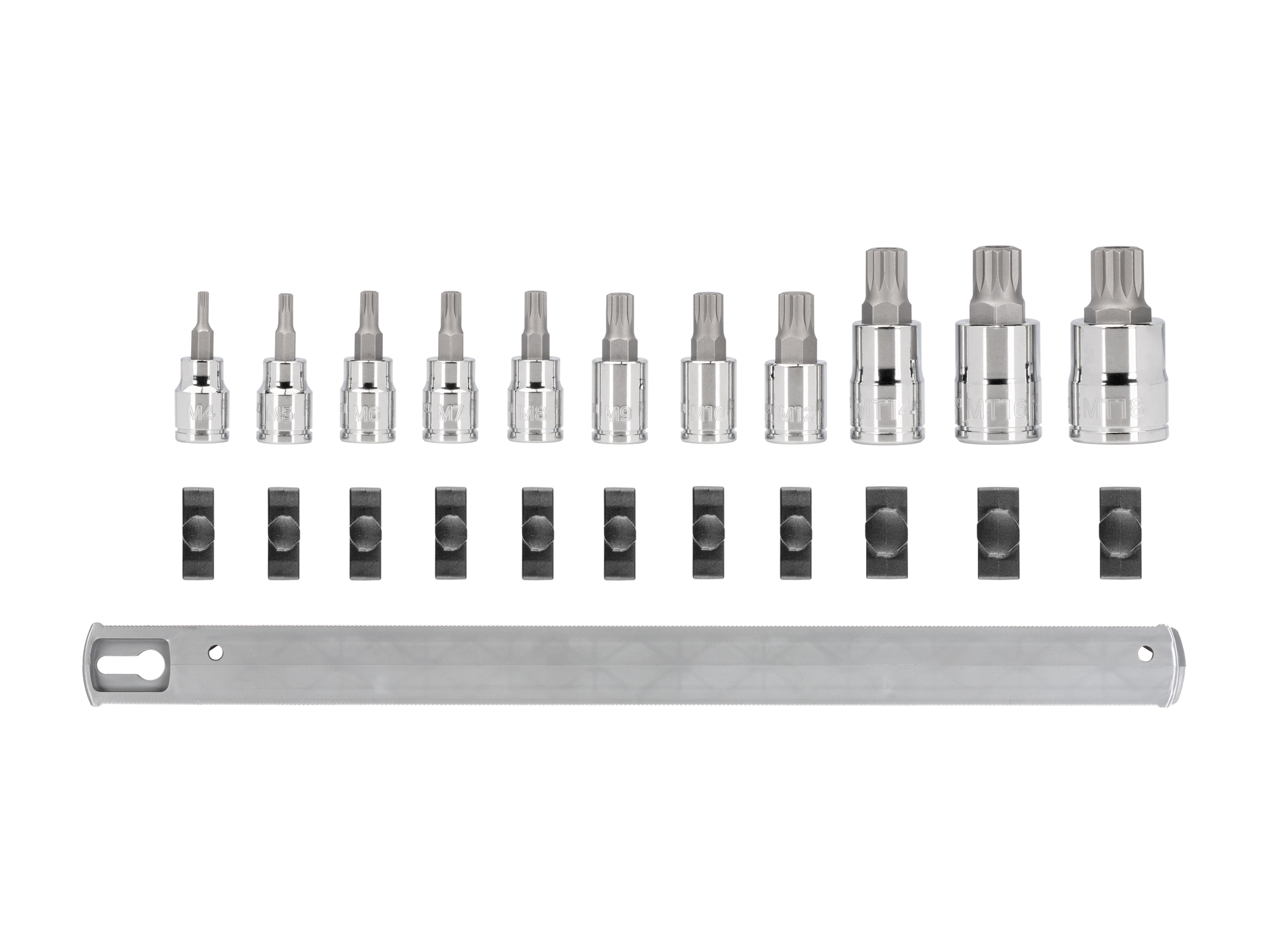 Includes: triple square (XZN) M4-M12, tr triple square MT14-MT18, hand drive bit sockets. Strong 2-piece bit socket combines S2 steel bit and chrome socket. Comes with rail storage. SHB99100.