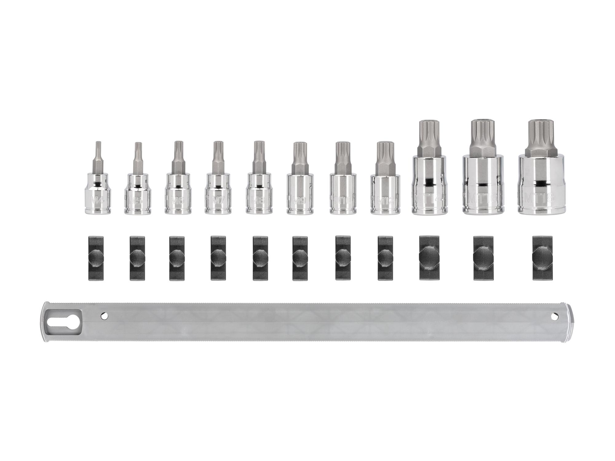 Laid out contents of Tekton rail hand drive bit socket set. Item #SHB99100