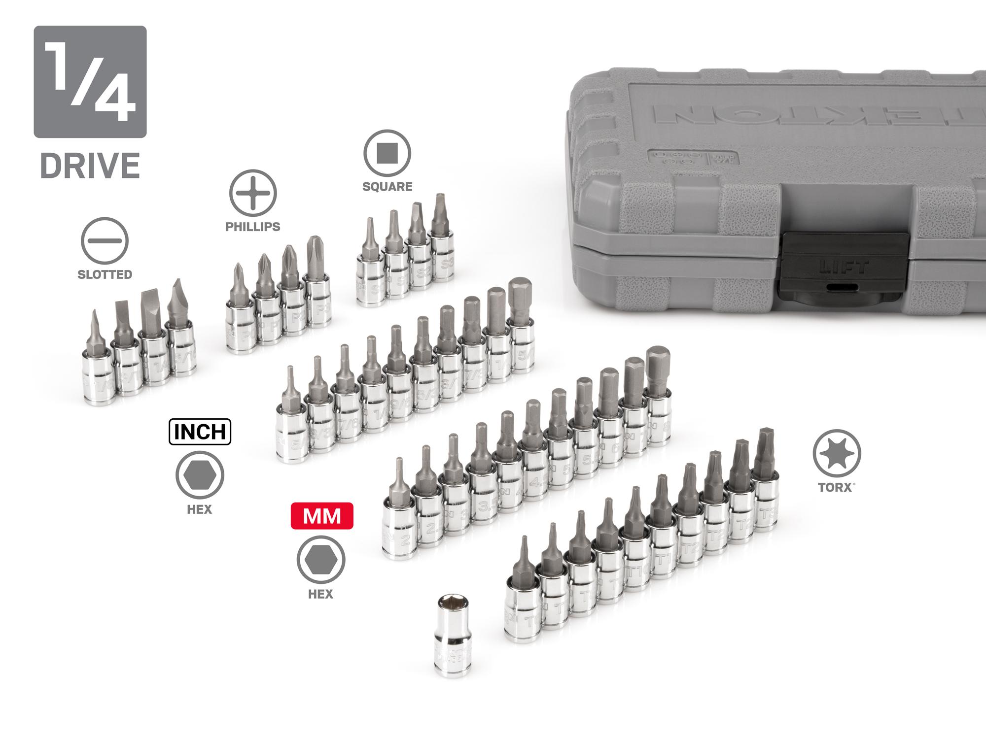 Laid out contents of  Tekton case hand drive bit socket set. Item #SHB99300