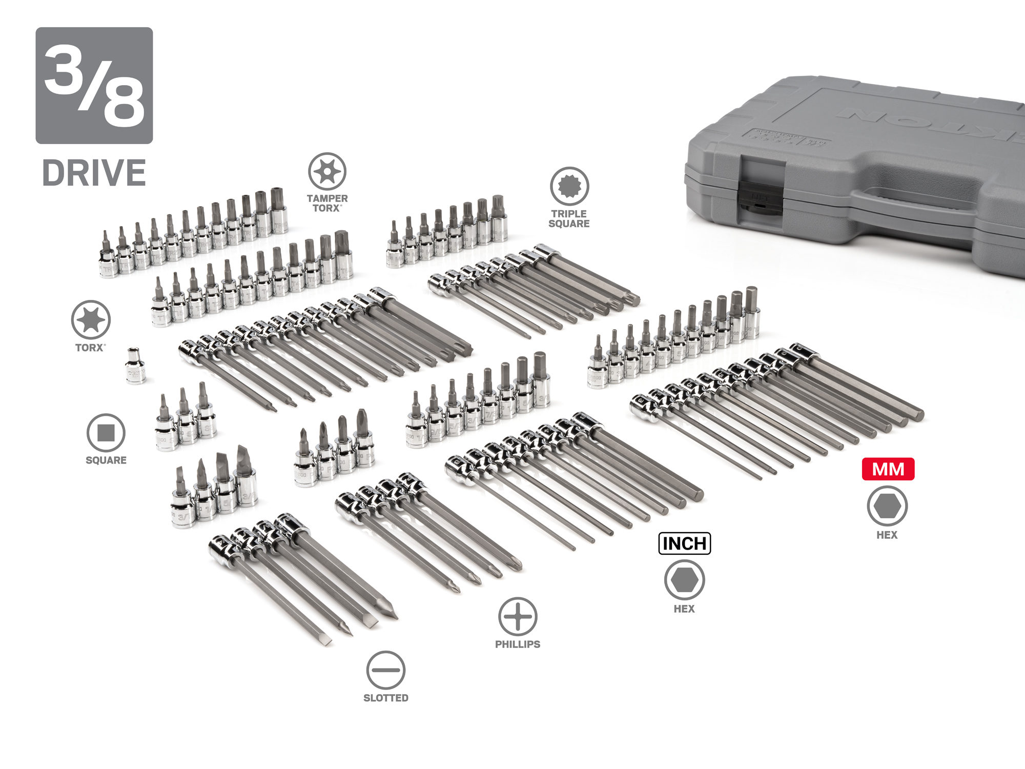 Includes Hex (inch and metric), Torx, Tamper-Resistant Torx, Triple Square, Tamper-Resistant Triple Square, Phillips, and Slotted bit sockets. SHB99300.