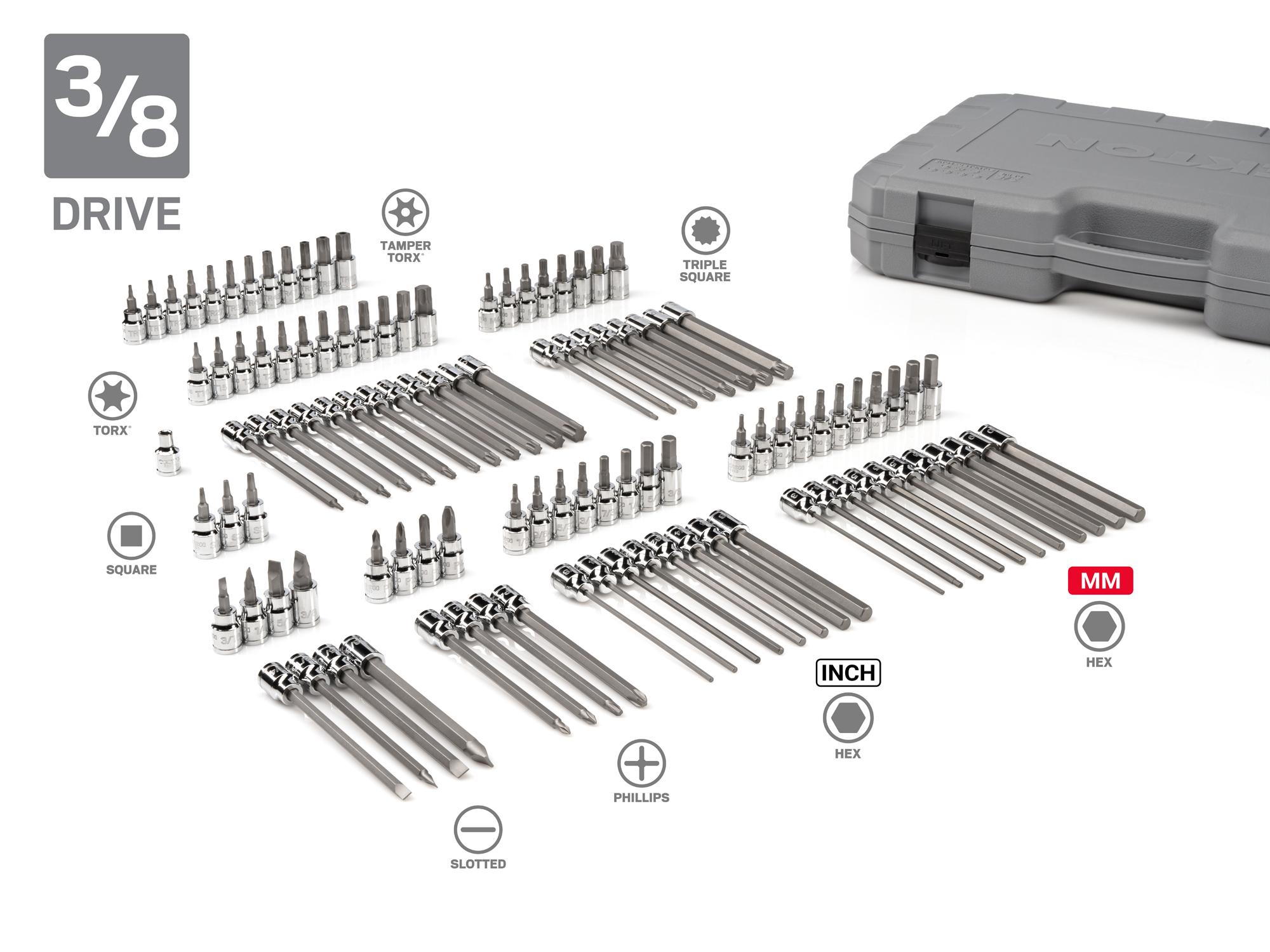 Laid out contents of Tekton case hand drive bit socket set. Item #SHB99300
