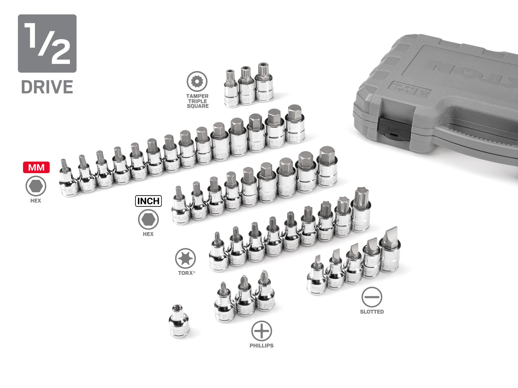 Laid out contents of  Tekton case hand drive bit socket set. Item #SHB99300