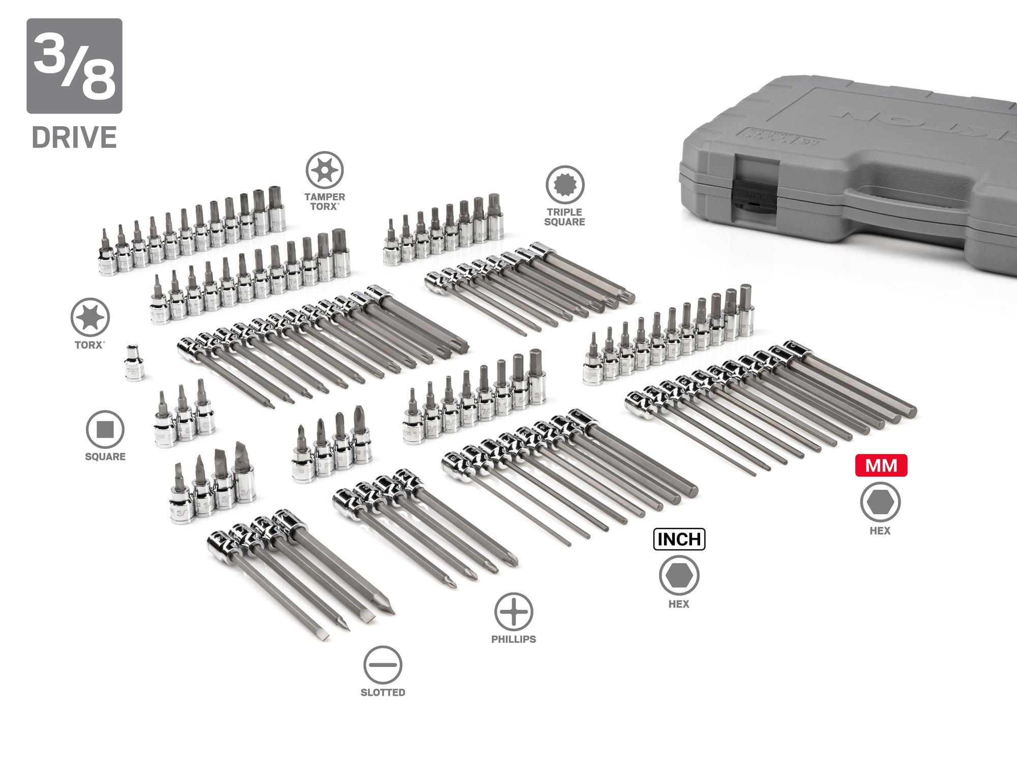 Laid out contents of Tekton case hand drive bit socket set. Item #SHB99301