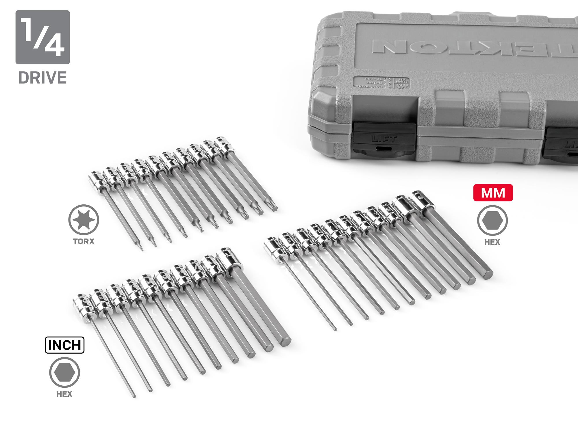 Laid out contents of Tekton case hand drive bit socket set. Item #SHB99301