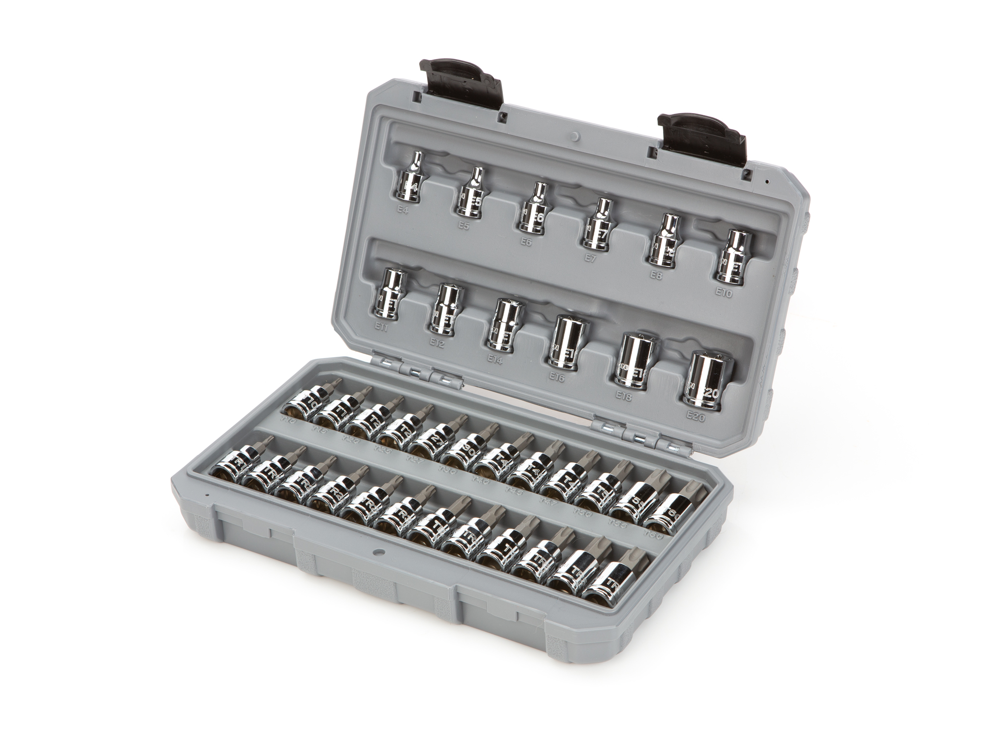 Includes: Torx bits sizes T10-T60, Torx security bits sizes TR10-TR60, and e-star bits sizes E4-E20. SKT15402.