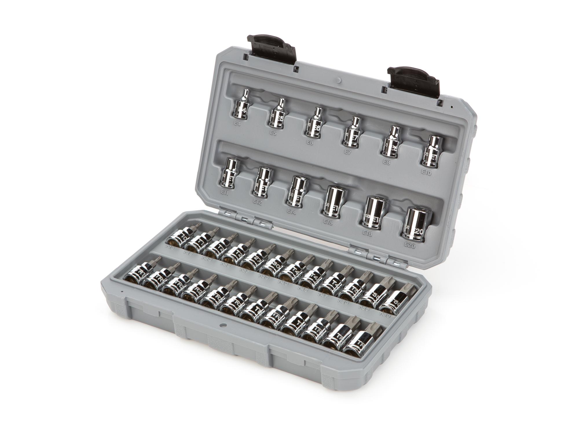 Front-right angle view of Tekton case hand drive bit socket set. Item #SKT15402