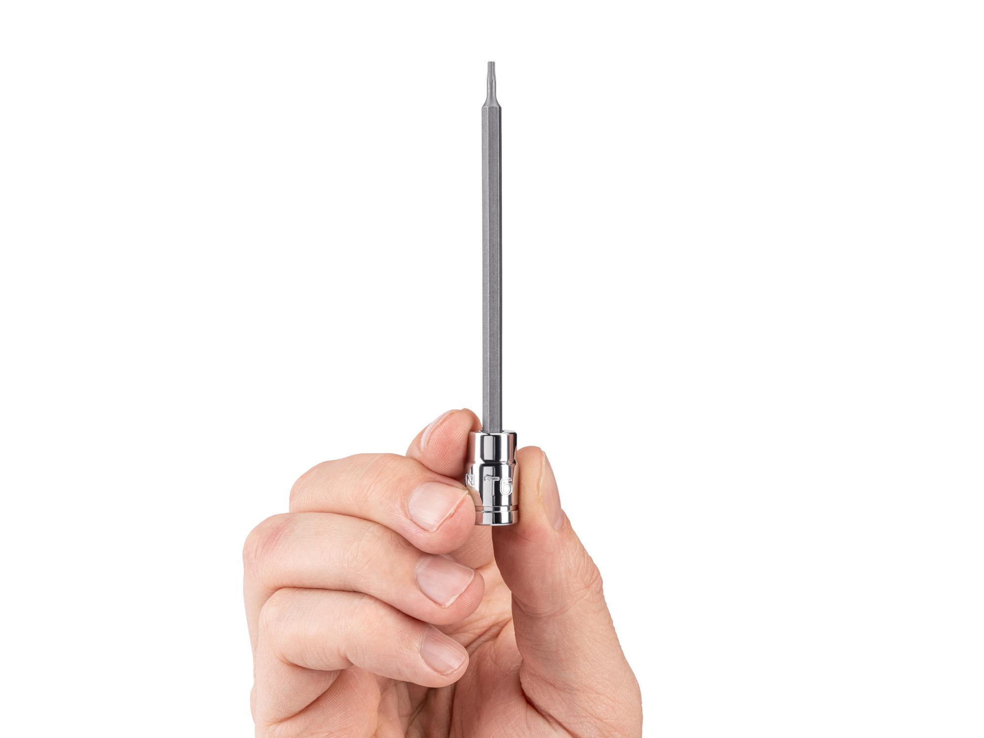 Person holding Tekton hand drive bit socket. Item #SHB04306