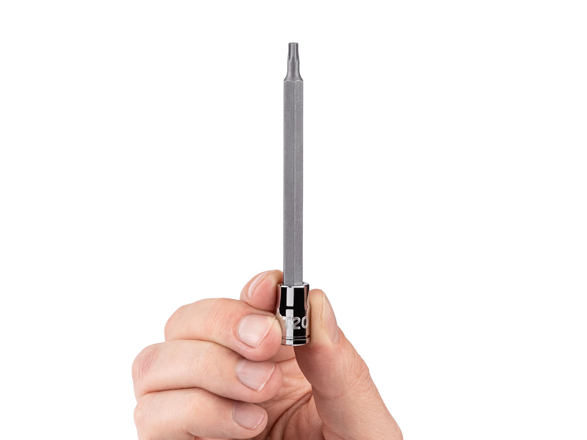 Person holding Tekton hand drive bit socket. Item #SHB04320