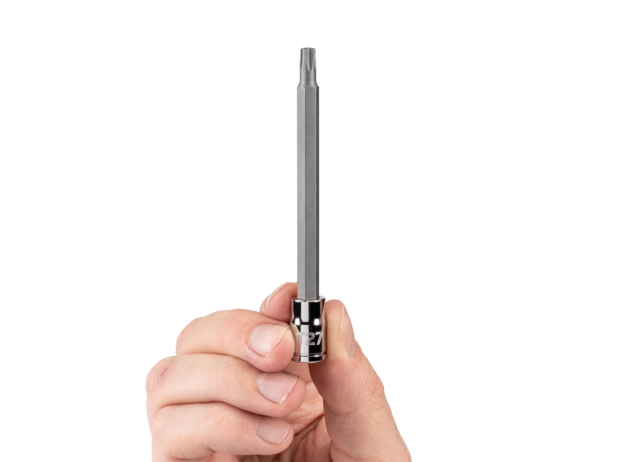 Person holding Tekton hand drive bit socket. Item #SHB04327
