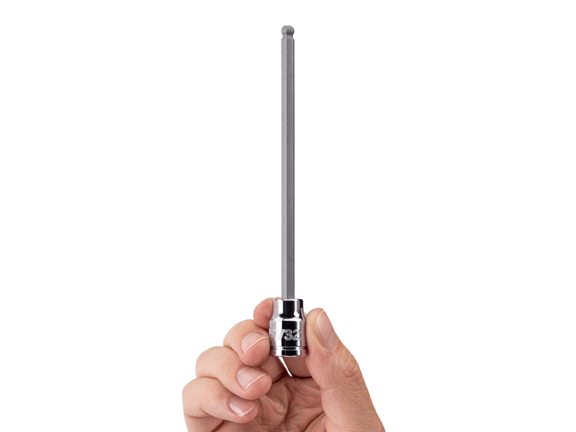 Person holding Tekton 7/32 inch hand drive bit socket set. Item #SHB12805