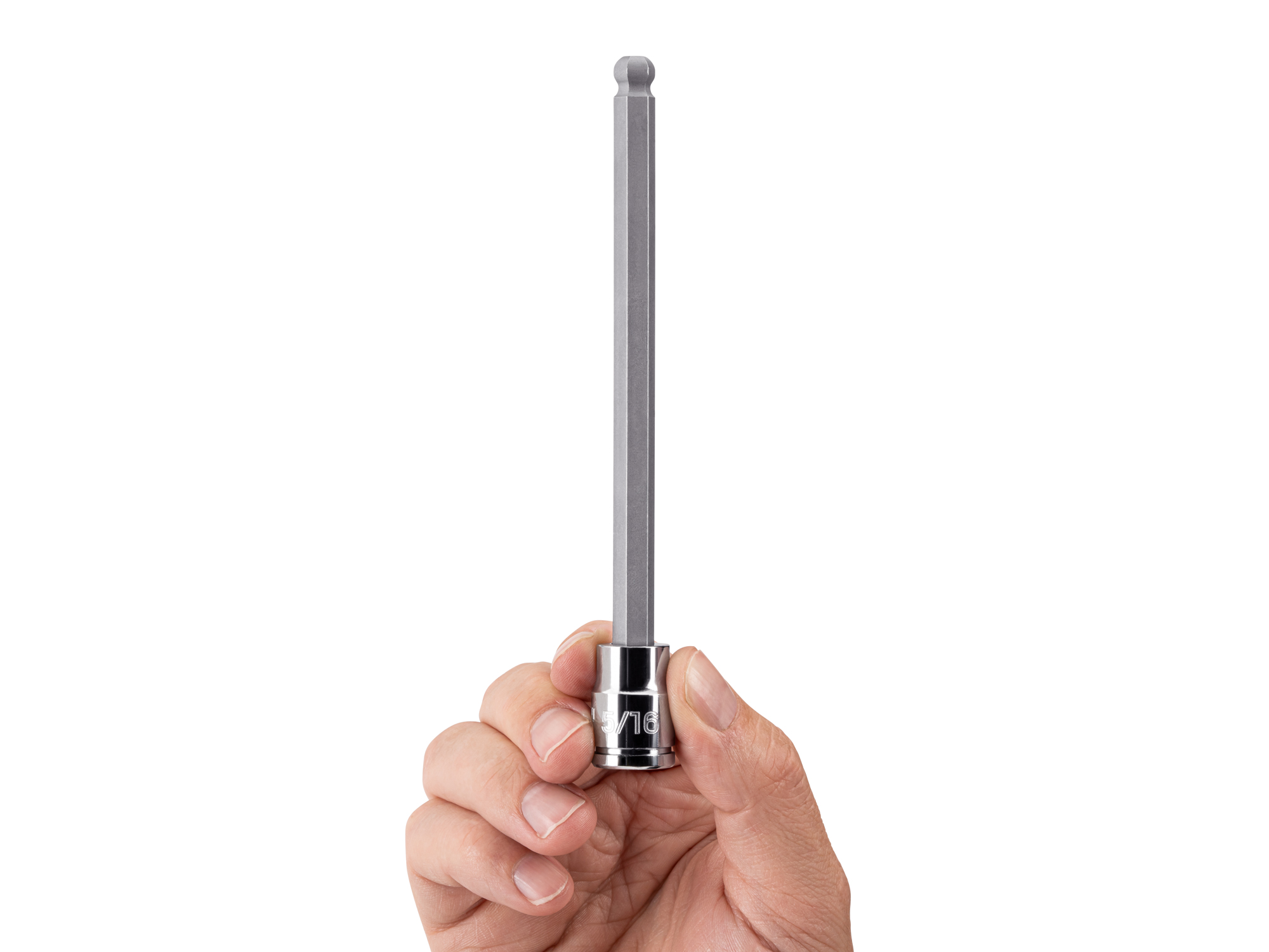 Person holding Tekton 5/16 inch hand drive bit socket set. Item #SHB12808