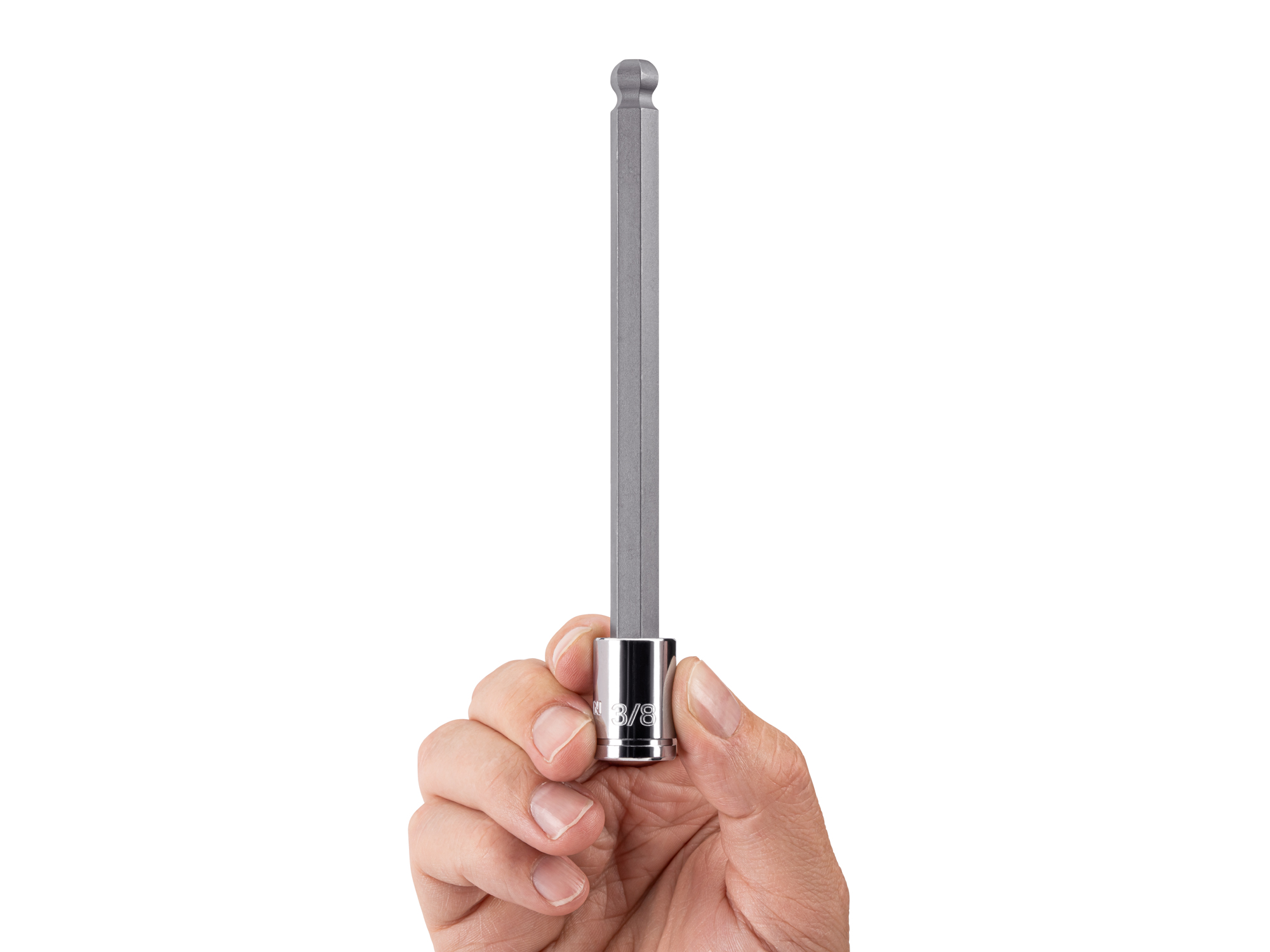 Person holding Tekton 3/8 inch hand drive bit socket set. Item #SHB12810