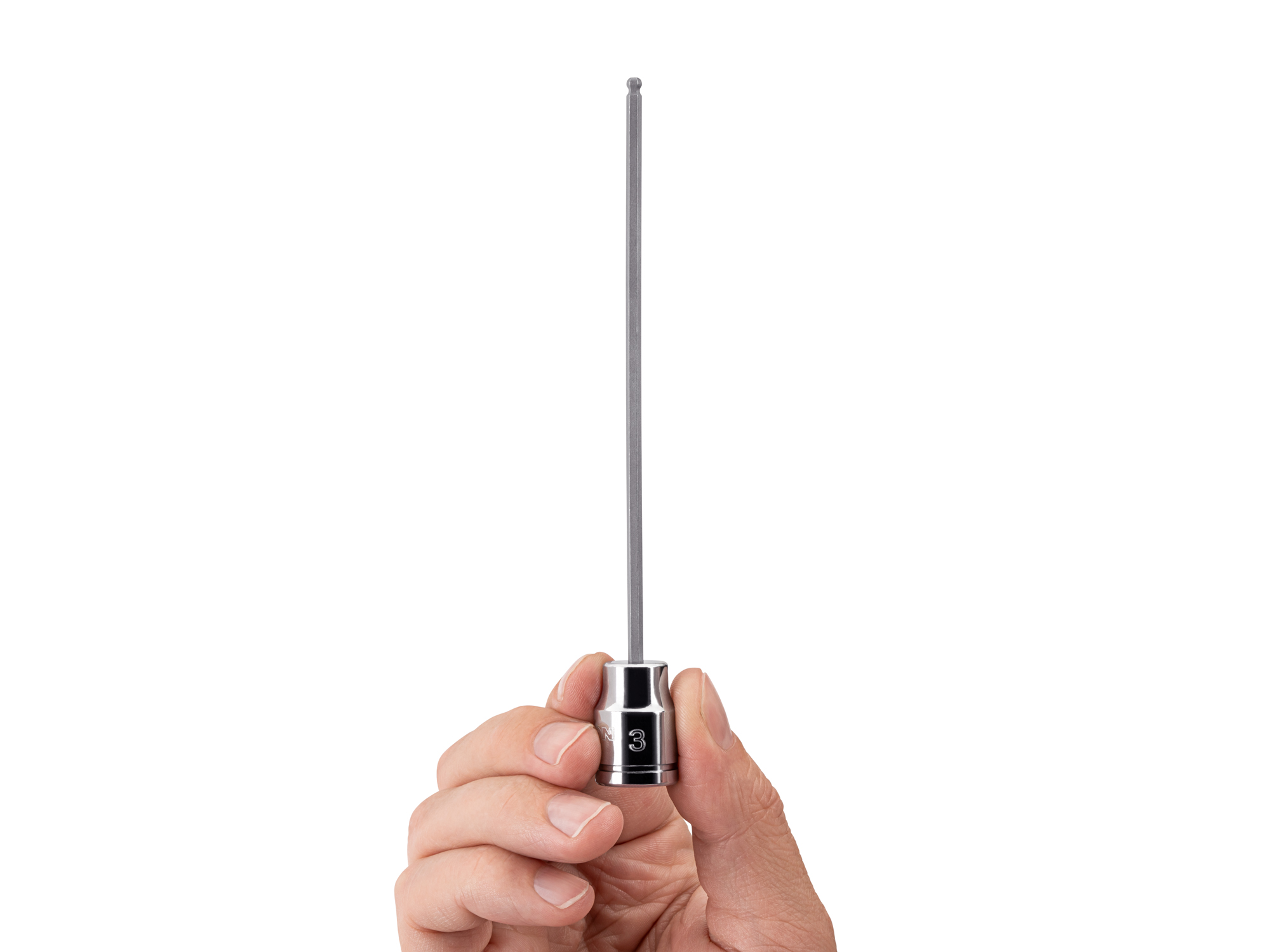 Person holding Tekton 3 millimeter hand drive bit socket set. Item #SHB13800