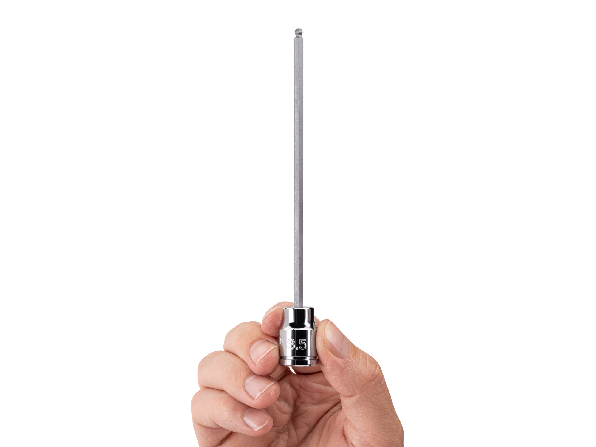 Person holding Tekton 3.5 millimeter hand drive bit socket set. Item #SHB13801