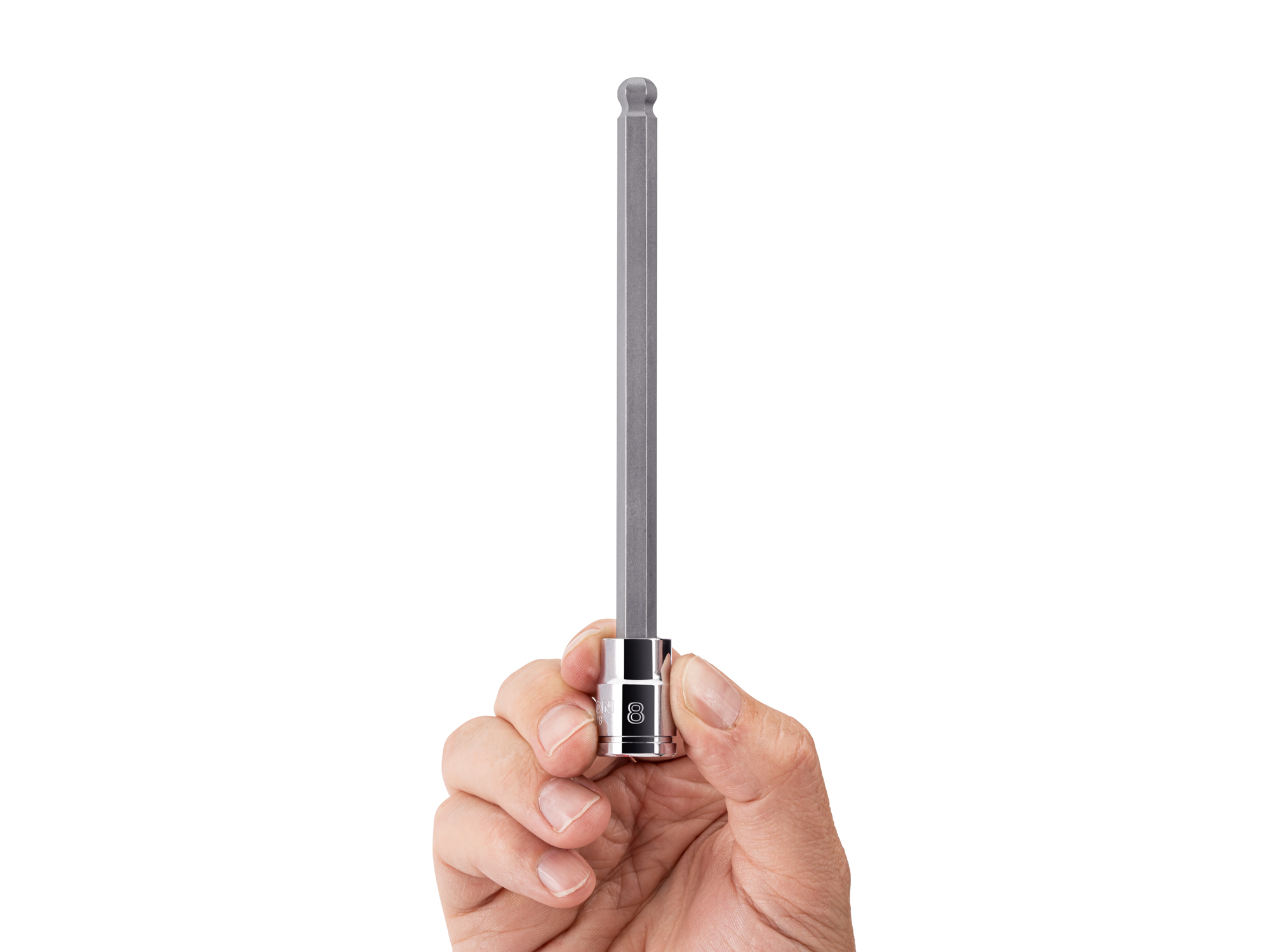 Person holding Tekton 8 millimeter hand drive bit socket set. Item #SHB13808
