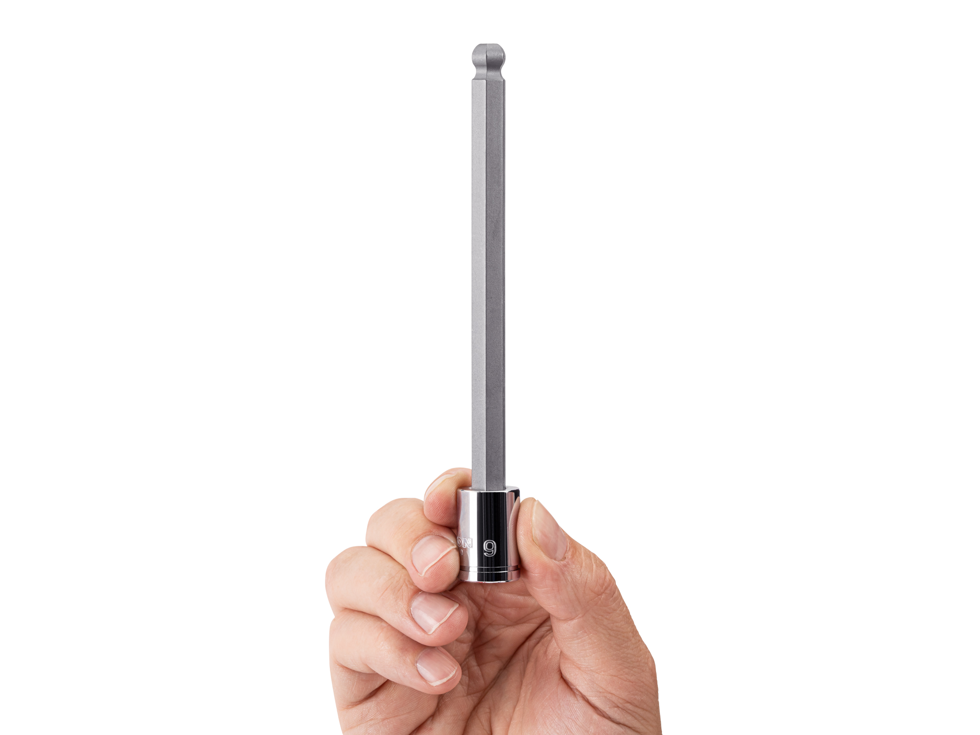 Person holding Tekton 9 millimeter hand drive bit socket set. Item #SHB13809