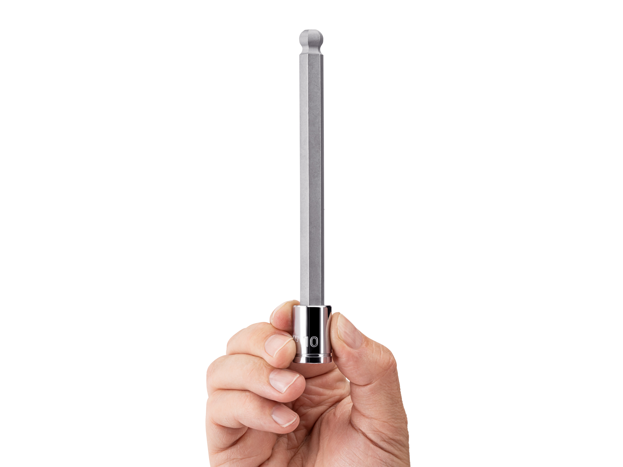 Person holding Tekton 10 millimeter hand drive bit socket set. Item #SHB13810
