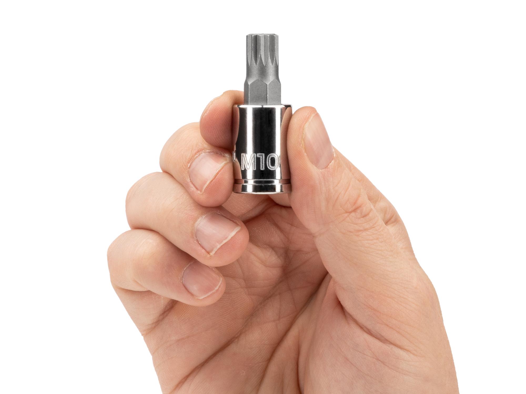 Person holding Tekton hand drive bit socket. Item #SHB18210
