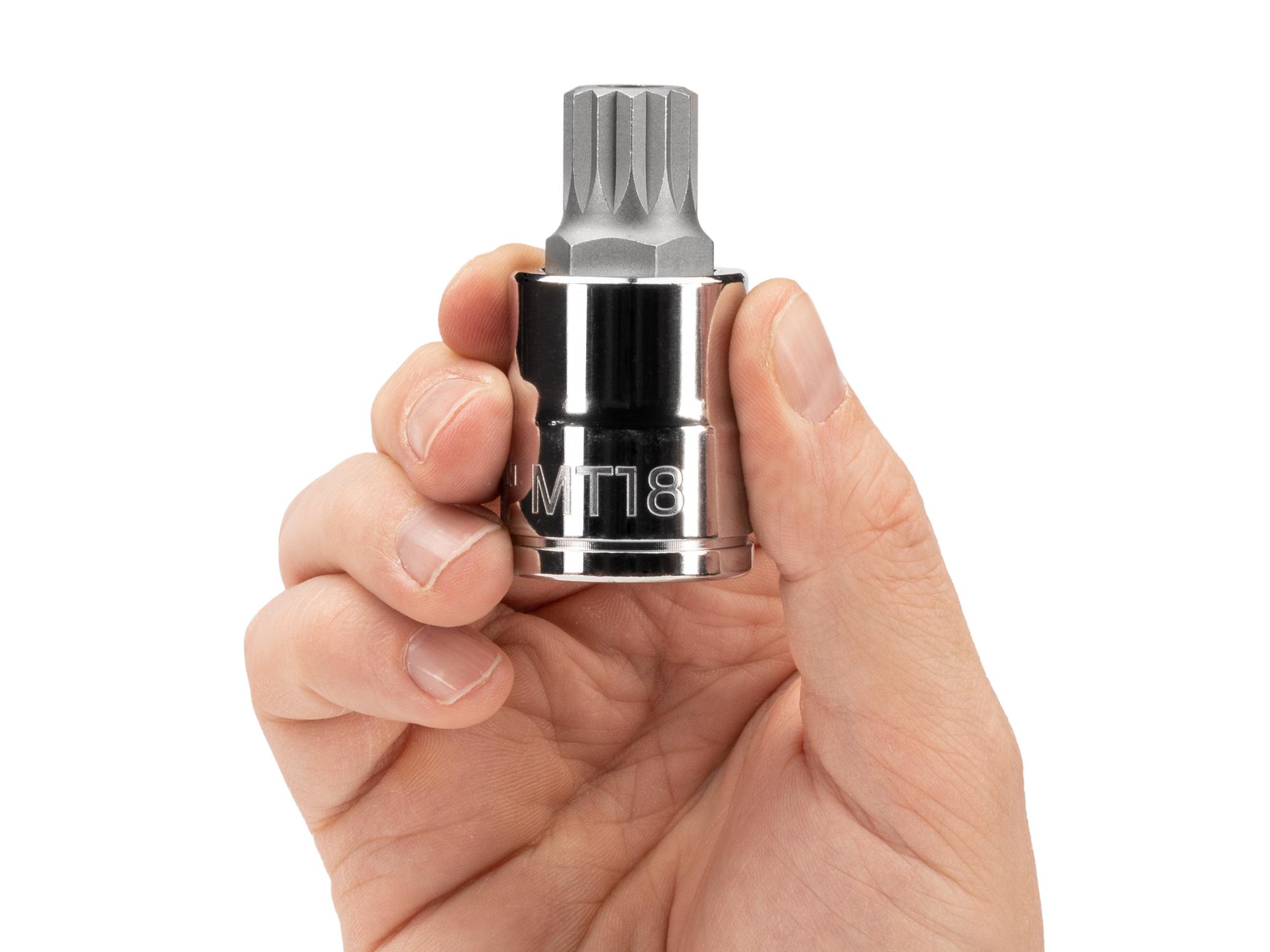 Person holding Tekton hand drive bit socket. Item #SHB29218