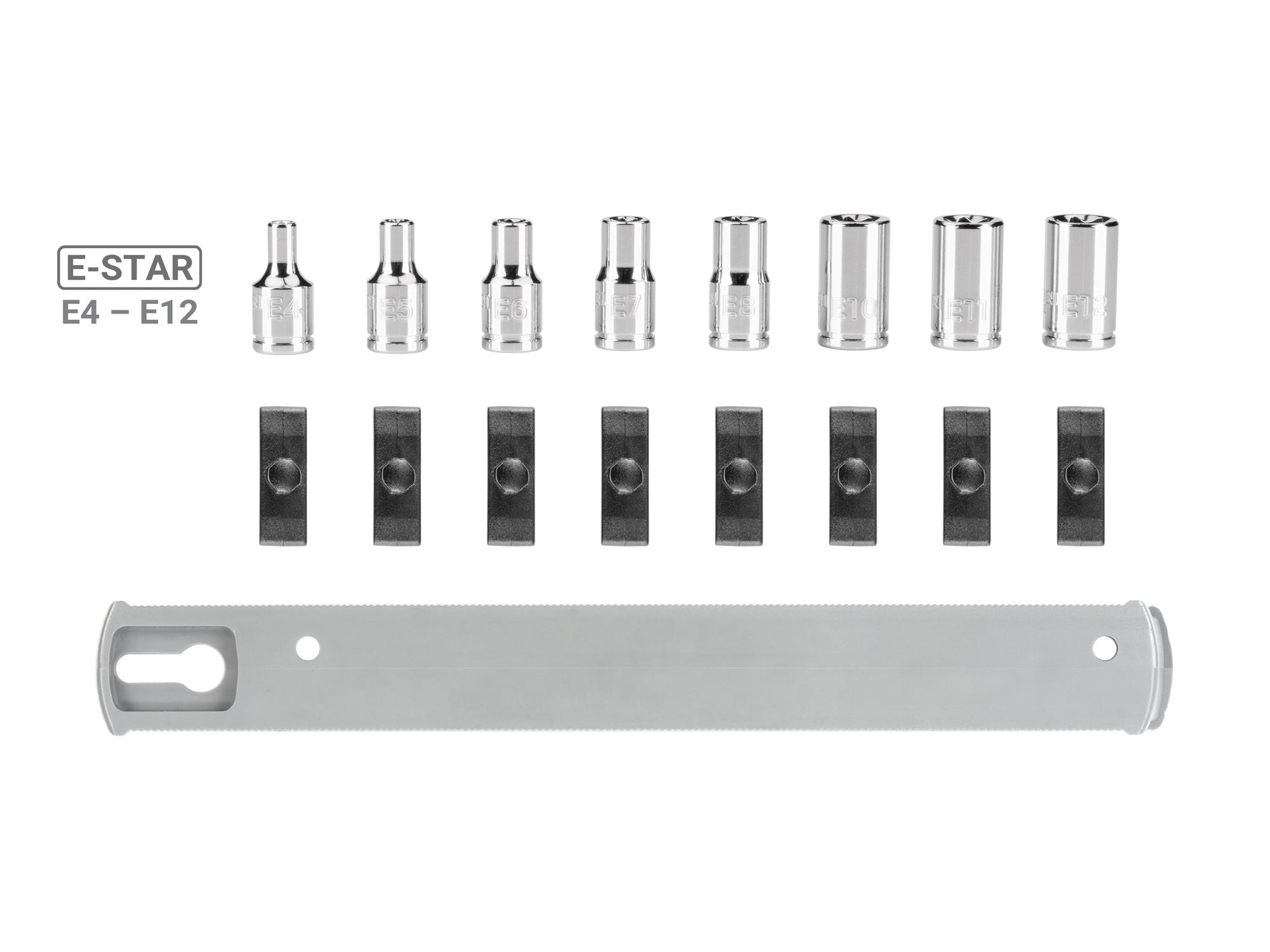 Laid out contents of Tekton rail hand drive external star socket set. Item #SHD90115