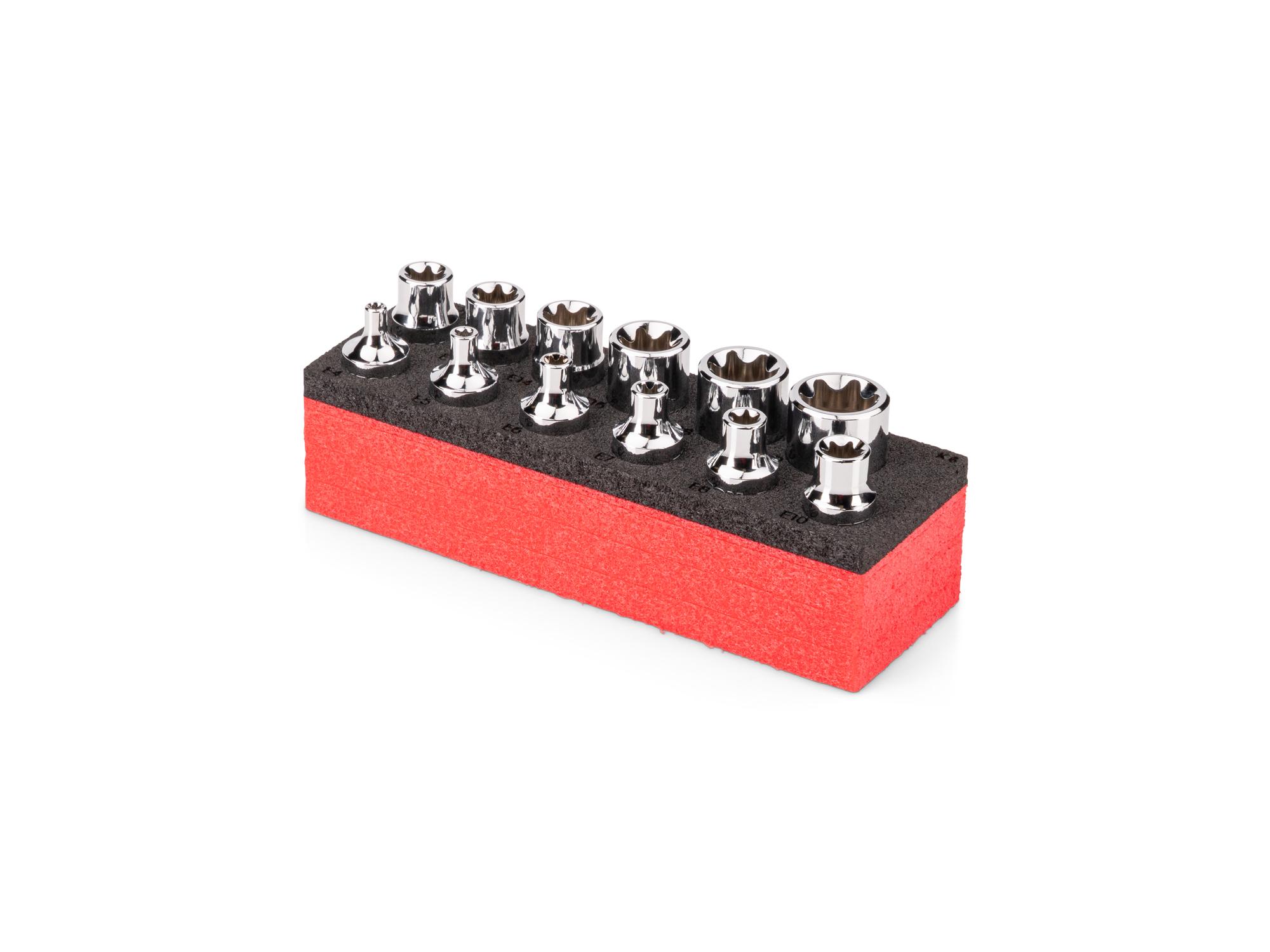 Angled view of red Tekton 3/8 inch drive shallow external star socket set with 6 x 2 inch foam organizer. SHD91816