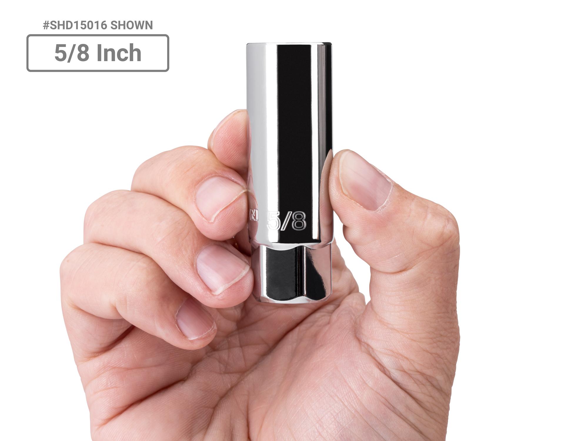 Person holding Tekton hand drive spark plug socket set. Item #SHD91004