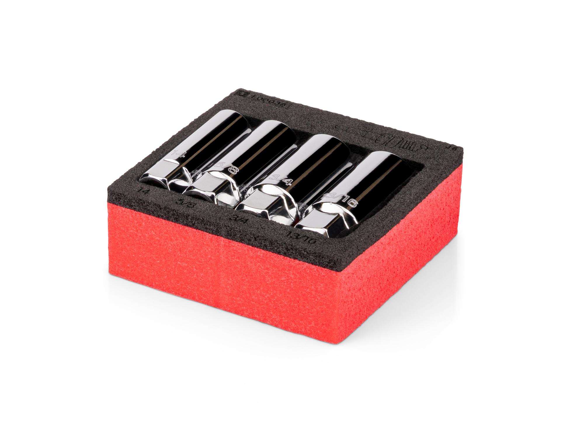 Angled view of red Tekton 3/8 inch drive spark plug socket set with 4 x 4 inch foam organizer. SHD91815