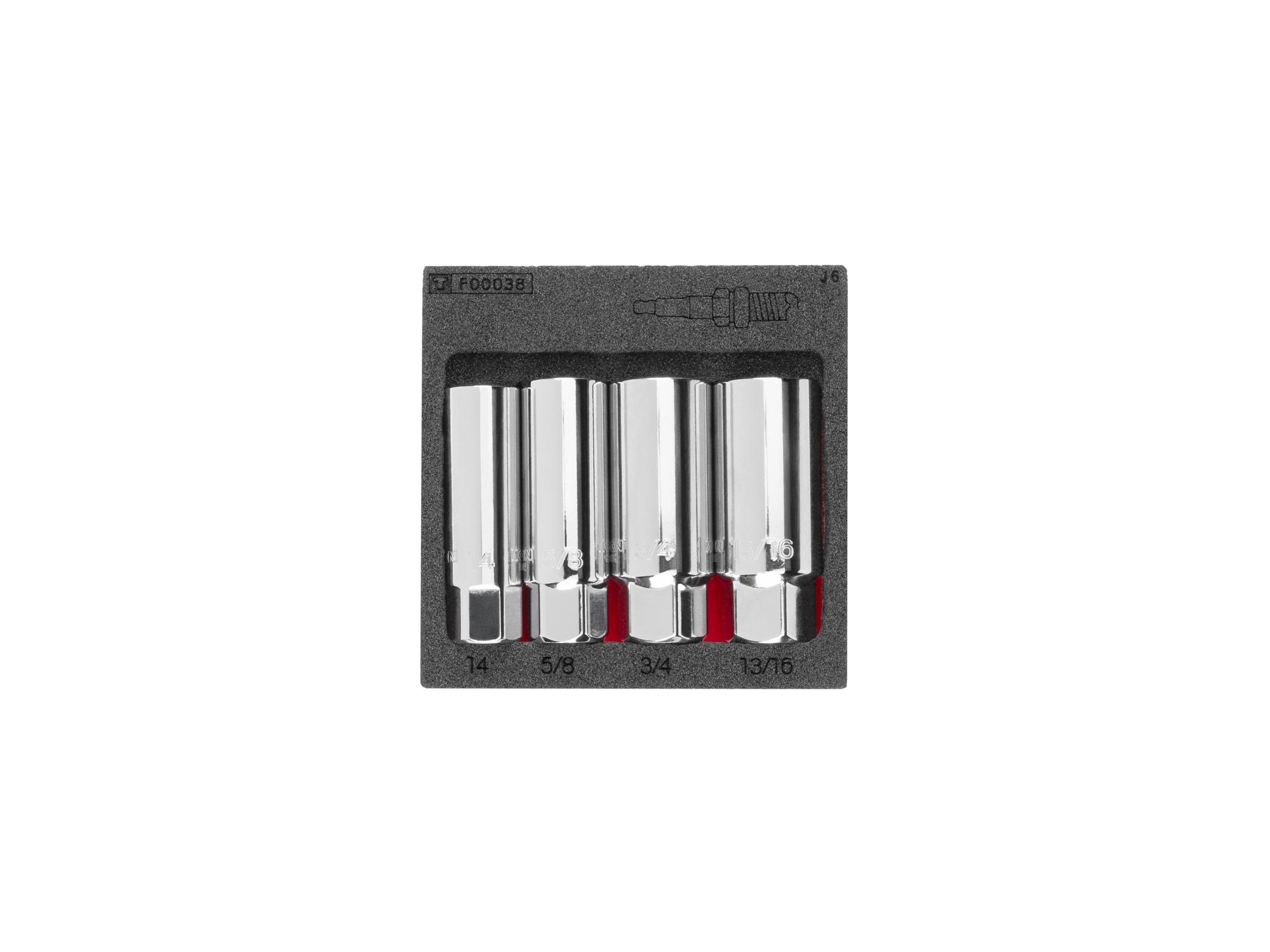 Top view of Tekton 3/8 inch drive spark plug socket set with 4 x 4 inch foam organizer. SHD91815