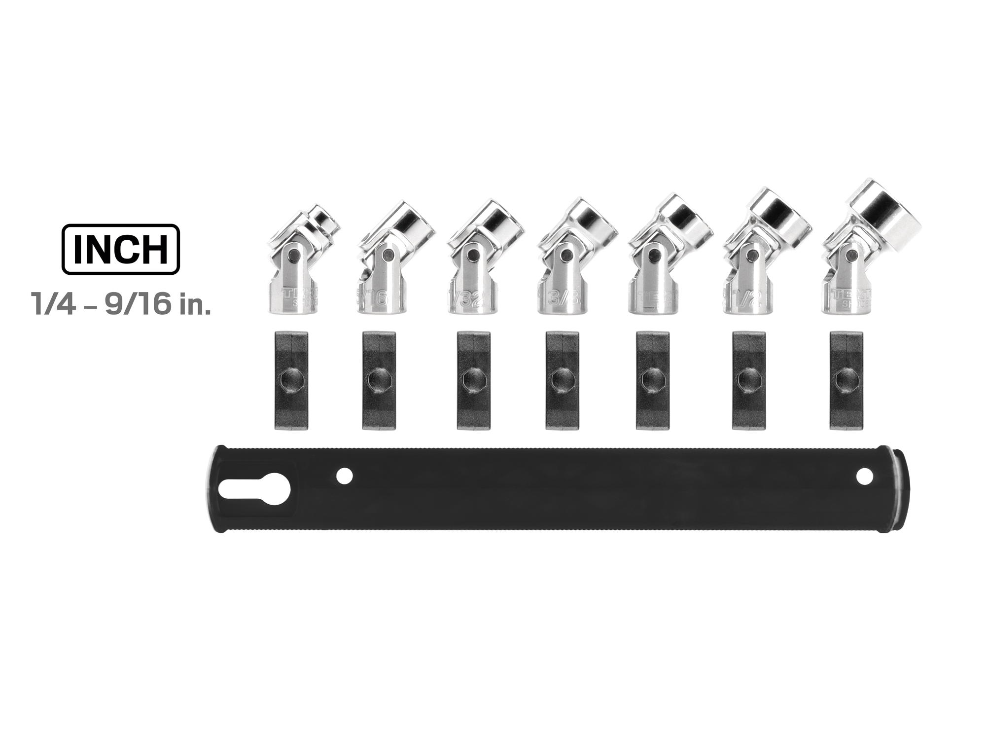 Set includes 1/4–9/16 inch (SAE) 6-point shallow universal joint sockets. Comes with organization rail. SHD90109.