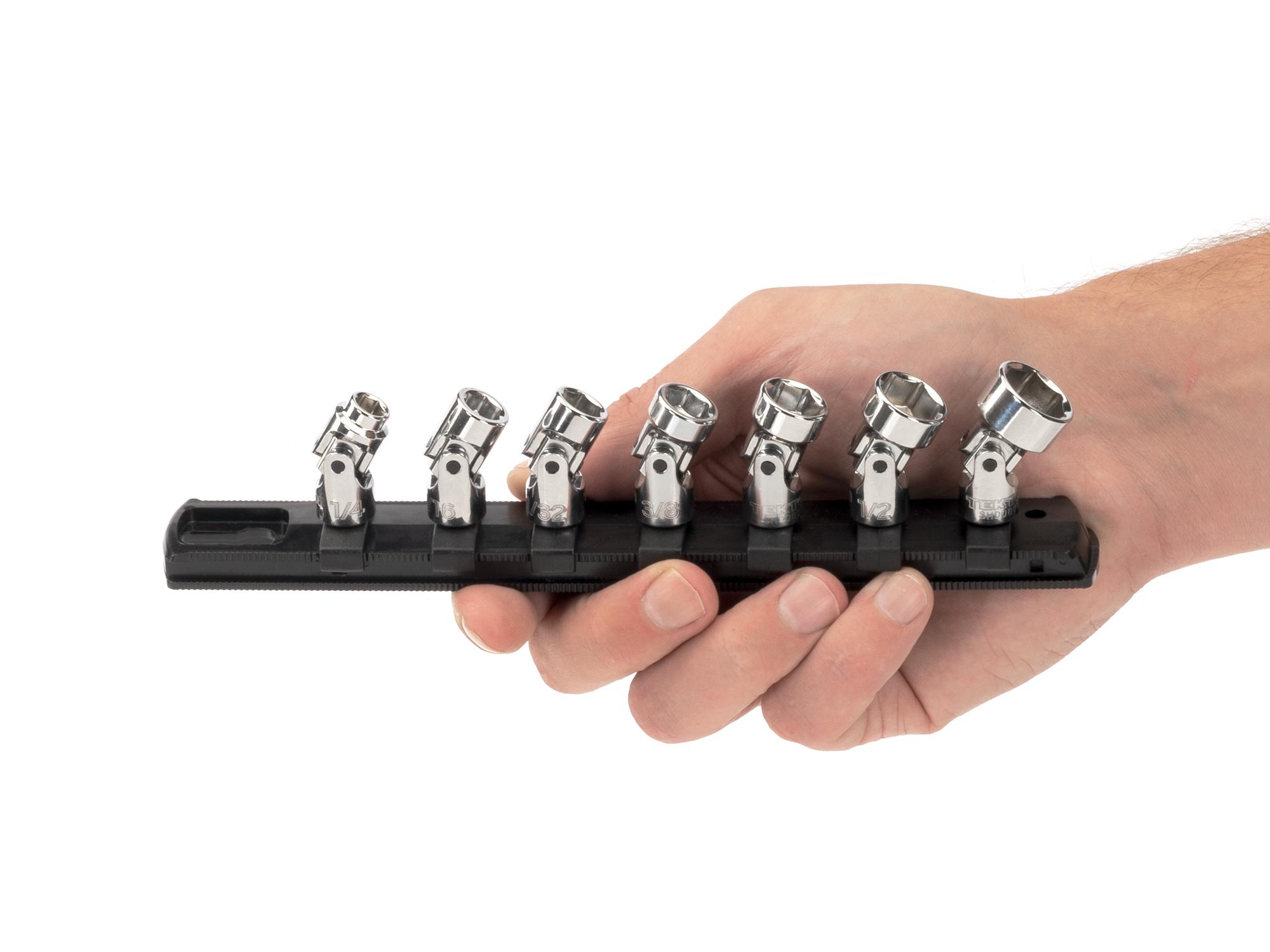 Person holding Tekton rail hand drive universal joint socket set. Item #SHD90109
