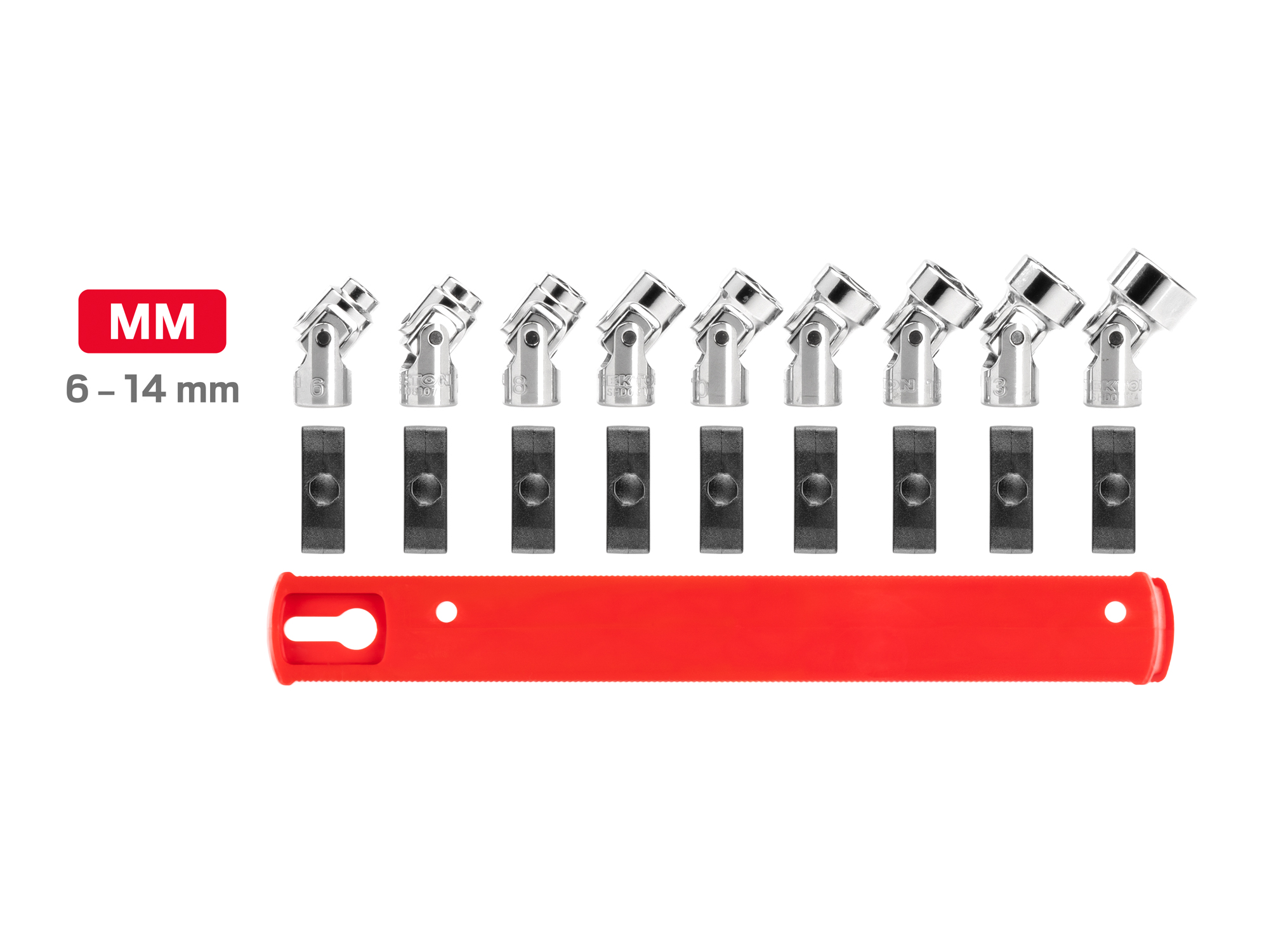 Set includes 6–14 mm (metric) 6-point shallow universal joint sockets. Comes with organization rail. No skipped sizes. SHD90110.