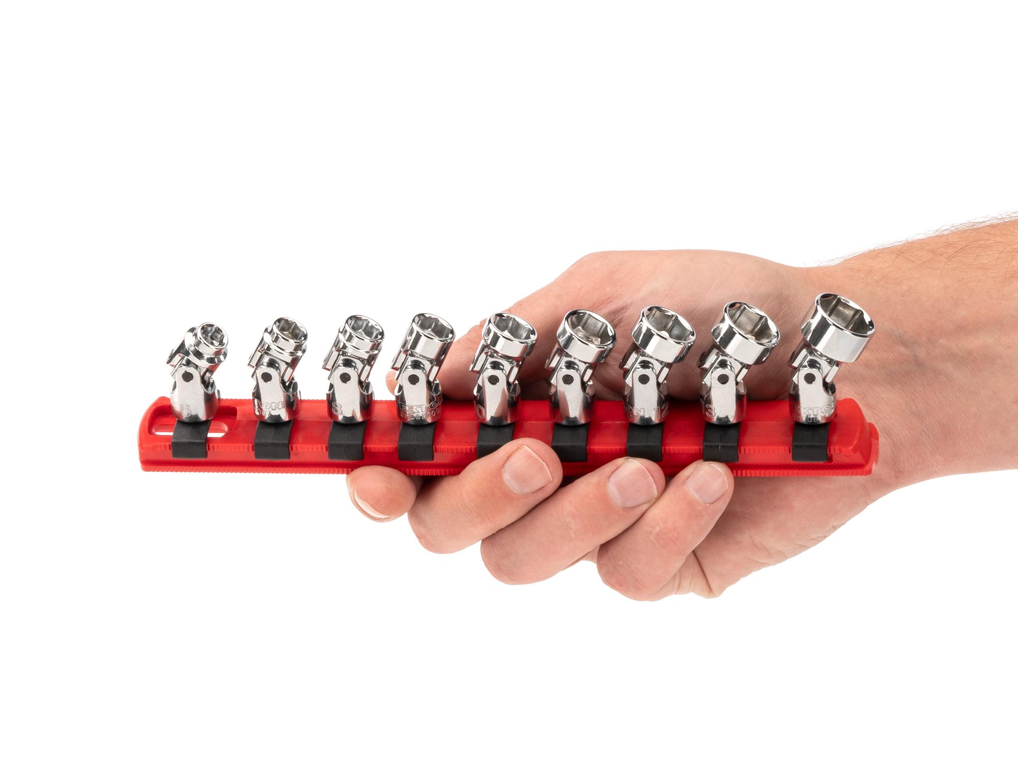 Person holding Tekton rail hand drive universal joint socket set. Item #SHD90110