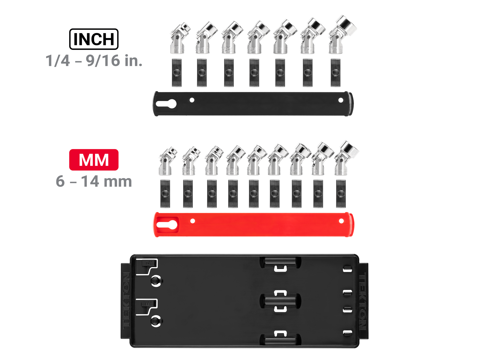 16-piece set includes 1/4, 5/16, 11/32, 3/8, 7/16, 1/2, and 9/16 inch (SAE), 6, 7, 8, 9, 10, 11, 12, 13, and 14 mm (metric) universal joint sockets with rail organization. SHD90217.