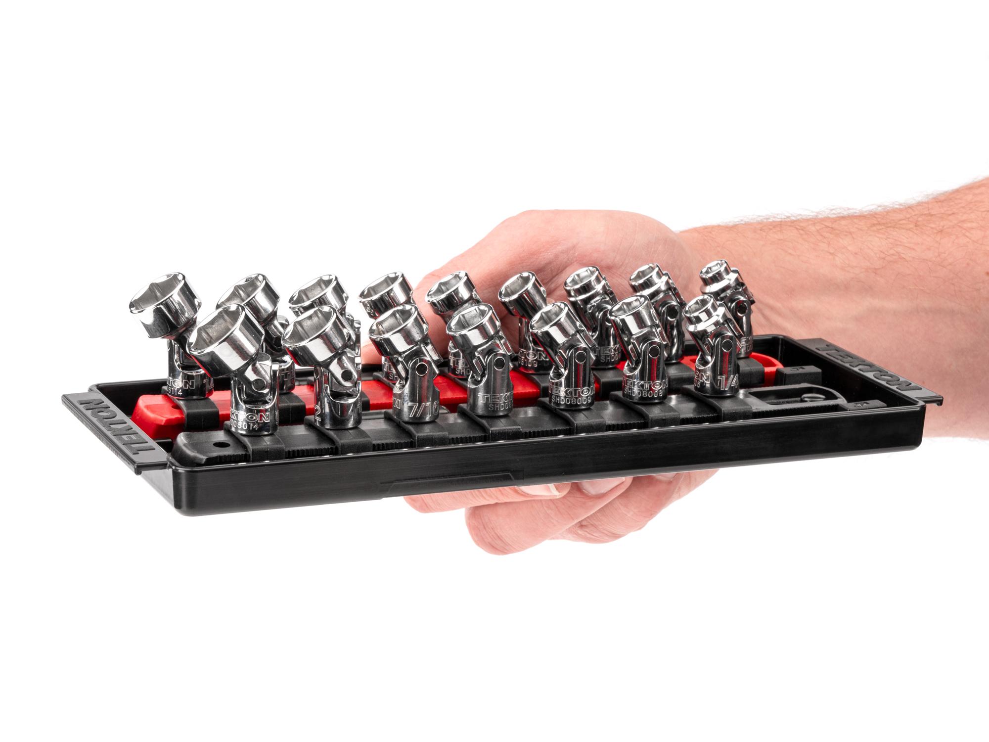 Person holding Tekton rail hand drive universal joint socket set. Item #SHD90217
