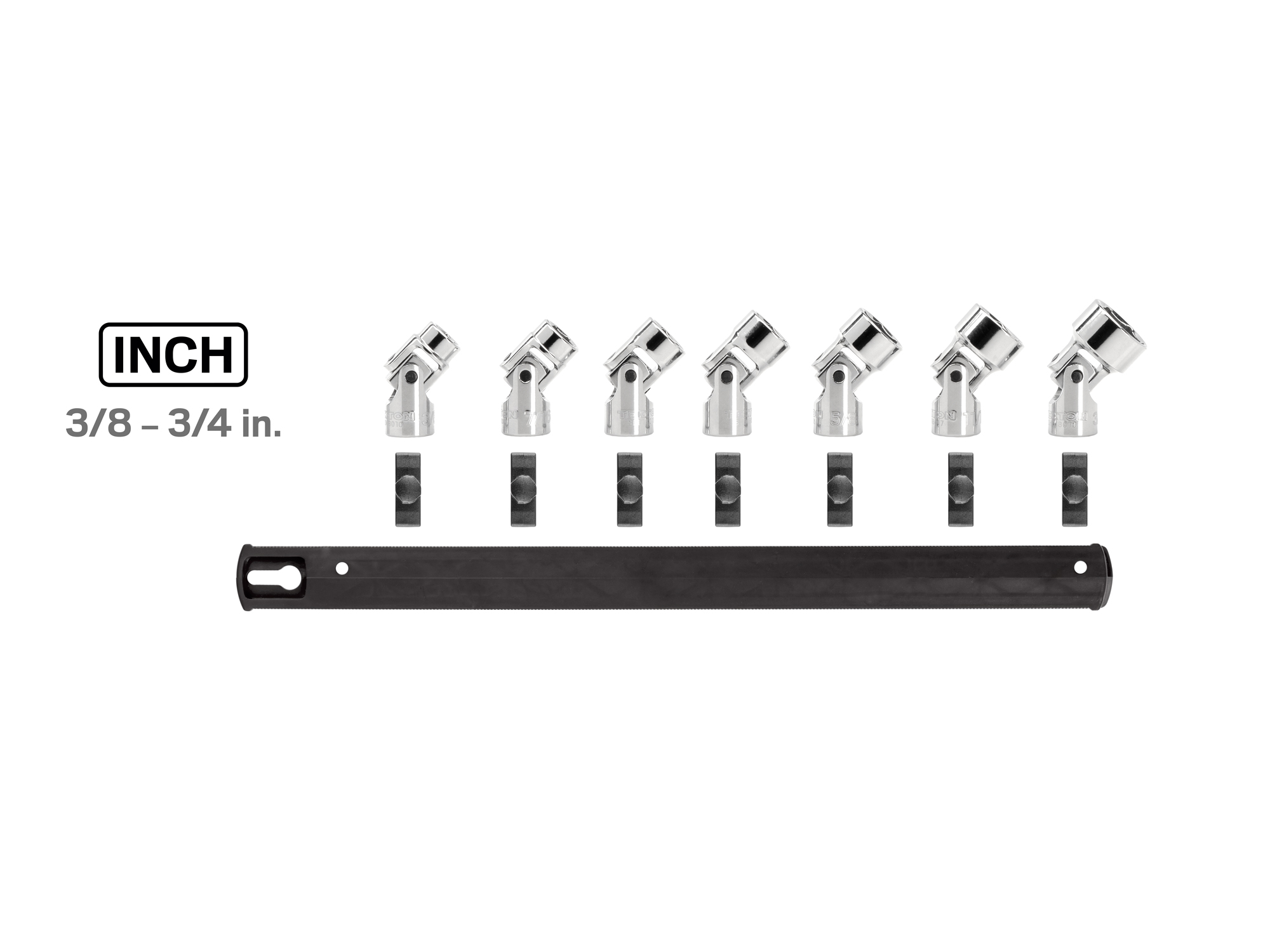 Set includes 3/8–3/4 inch (SAE) 6-point shallow universal joint sockets. Comes with organization rail. No skipped sizes. SHD91118.