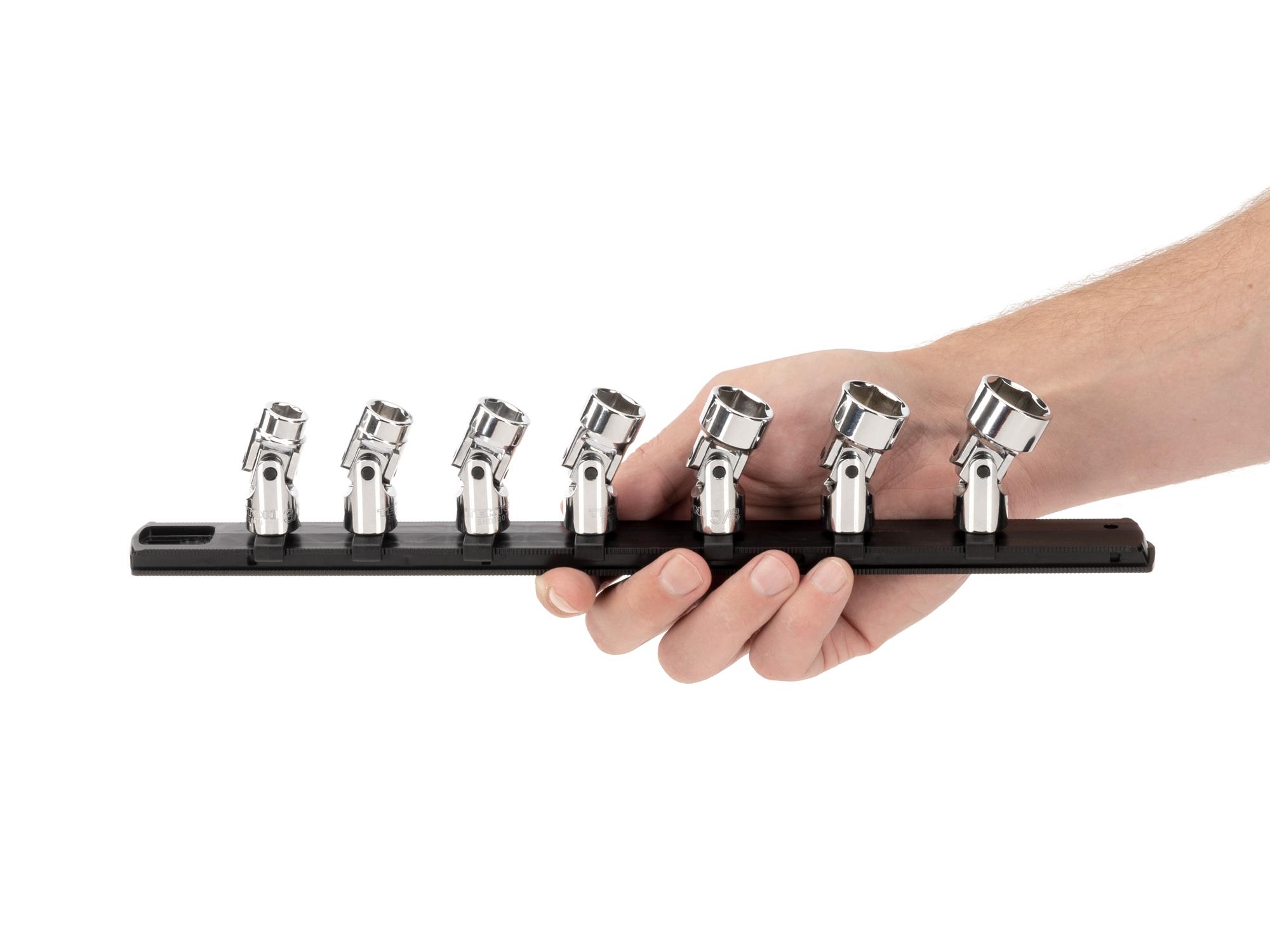 Person holding Tekton rail hand drive universal joint socket set. Item #SHD91118
